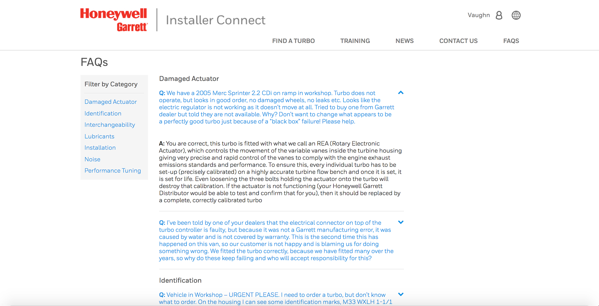 Screenshot of the Honeywell Garrett Installer Connect FAQs page, filtered by category with Damaged Actuator selected, showing a list of installer questions and answers about turbo actuator faults