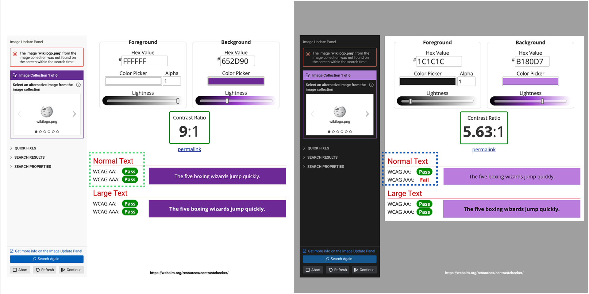 Revised purple header checked with WebAIM's Contrast Checker. The light theme scores 9:1, passing WCAG AA and AAA, and the dark theme scores 5.63:1, passing AA.