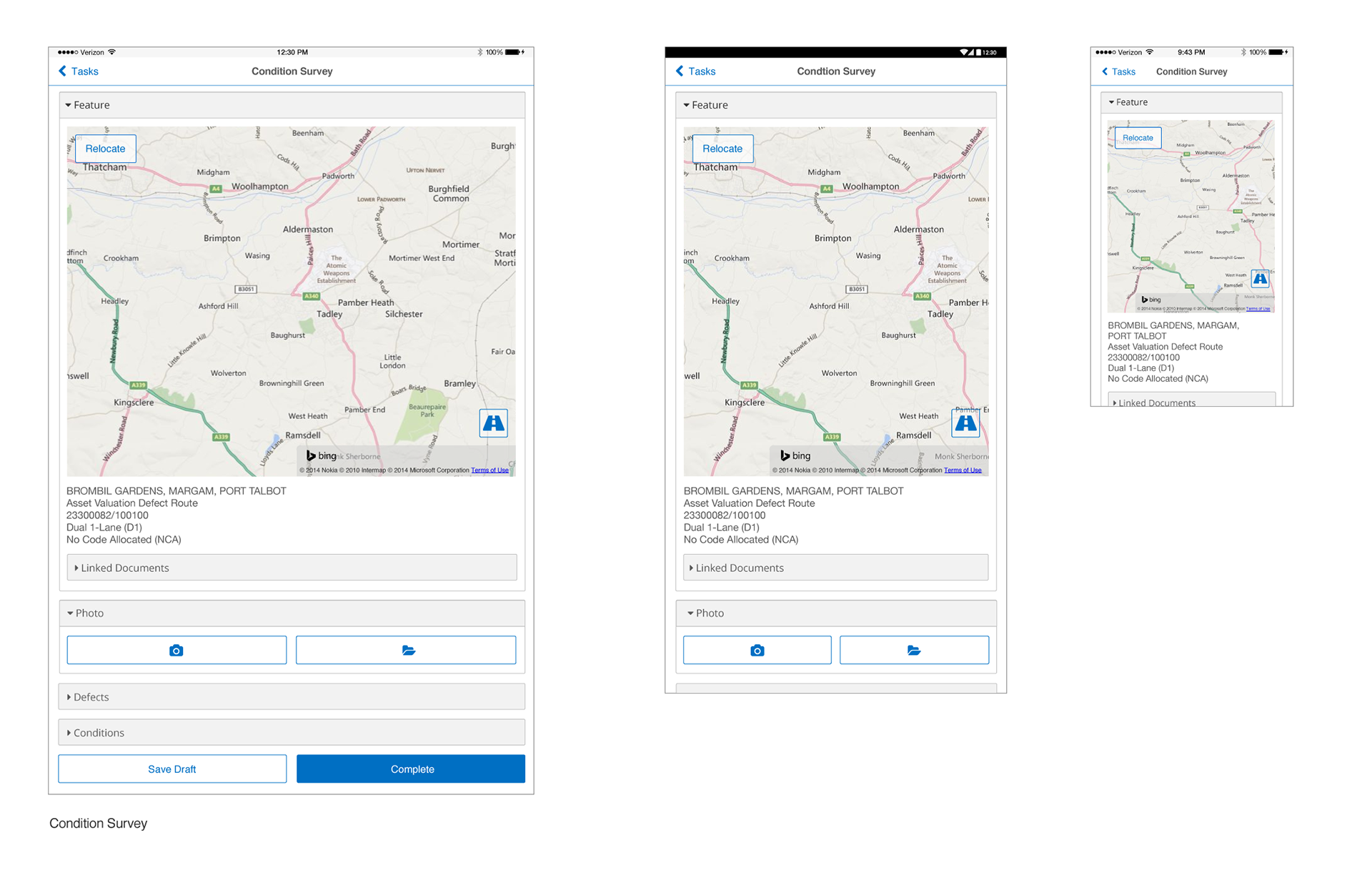 Three device sizes showing the ConfirmConnect Condition Survey detail screen, with an expandable Feature section containing a map and a Relocate button, asset details for Brombil Gardens, Margam, Port Talbot including route reference and lane classification, and collapsible sections for Linked Documents, Photo (with camera and upload options), Defects and Conditions, ending in Save Draft and Complete buttons