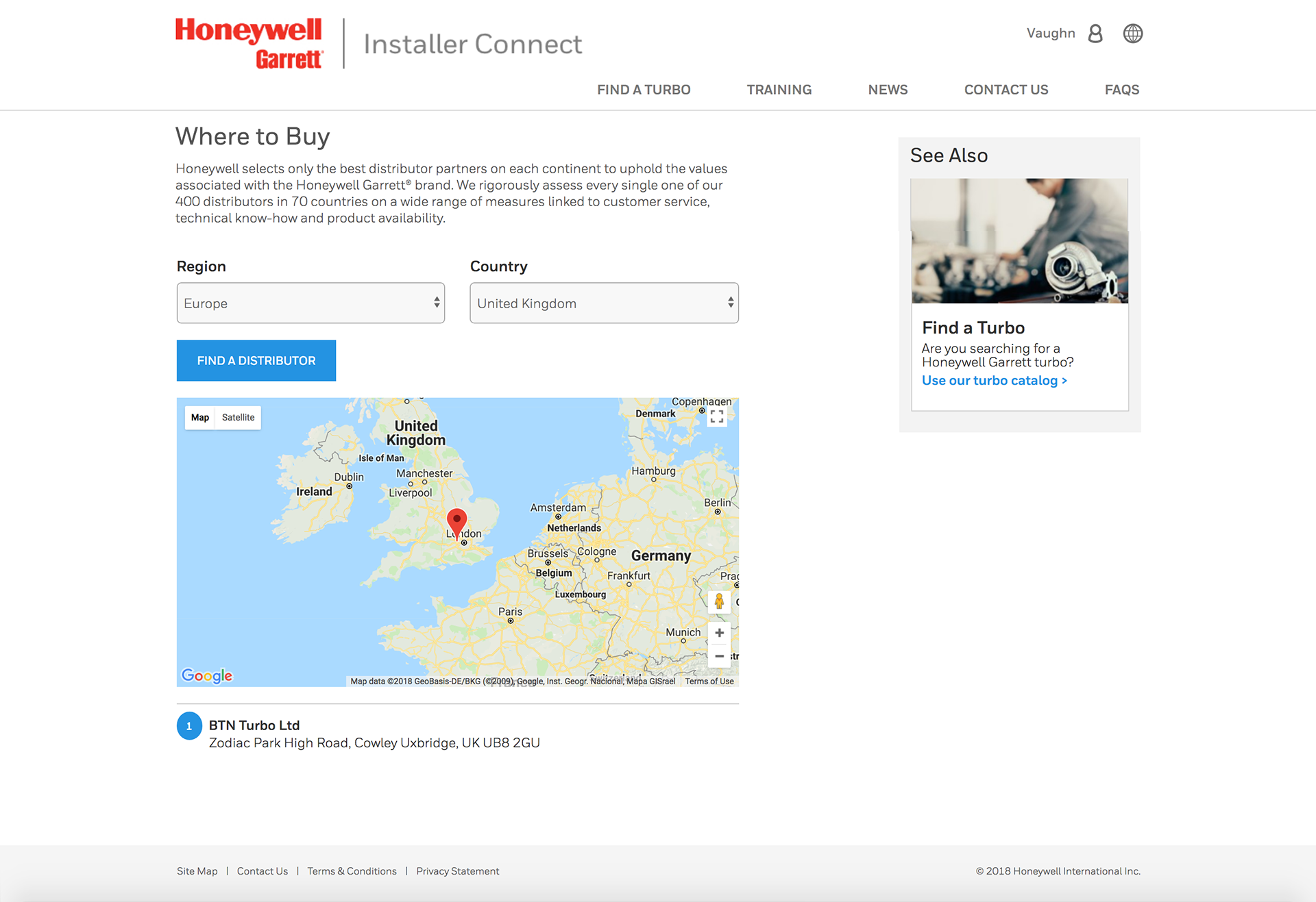 Screenshot of the Honeywell Garrett Installer Connect Where to Buy page, with region and country selectors set to Europe and United Kingdom, and a map showing a single distributor location near London