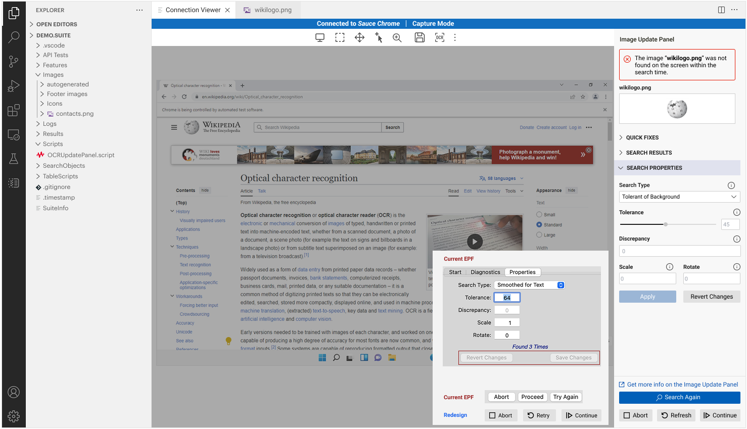 Eggplant Studio in VS Code with the Image Update Panel open on its Search Properties section, showing Search Type, Tolerance, Discrepancy, Scale, and Rotate controls. A floating dialog labeled "Current EPF" overlays the screen to compare the legacy Eggplant Functional properties window with the redesigned panel