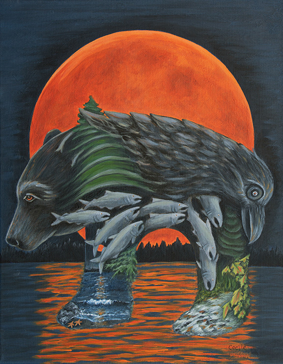 Hunter's moon rising while Black Bear and Raven watch over the salmon as they travel from the ocean to the stream where they were born to spawn and die.