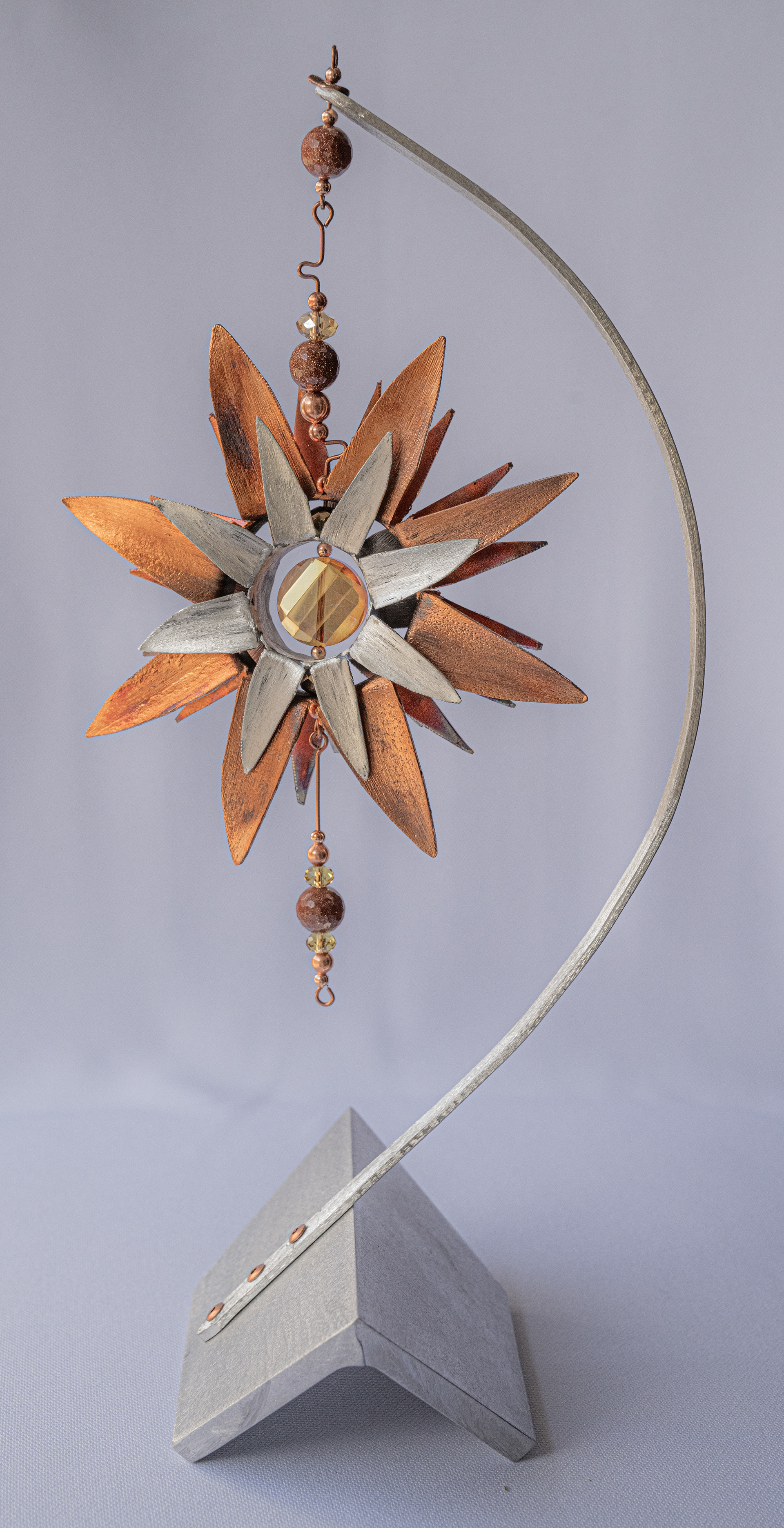 Appollo, copper and aluminum flower with crystal centre on aluminum base, $125