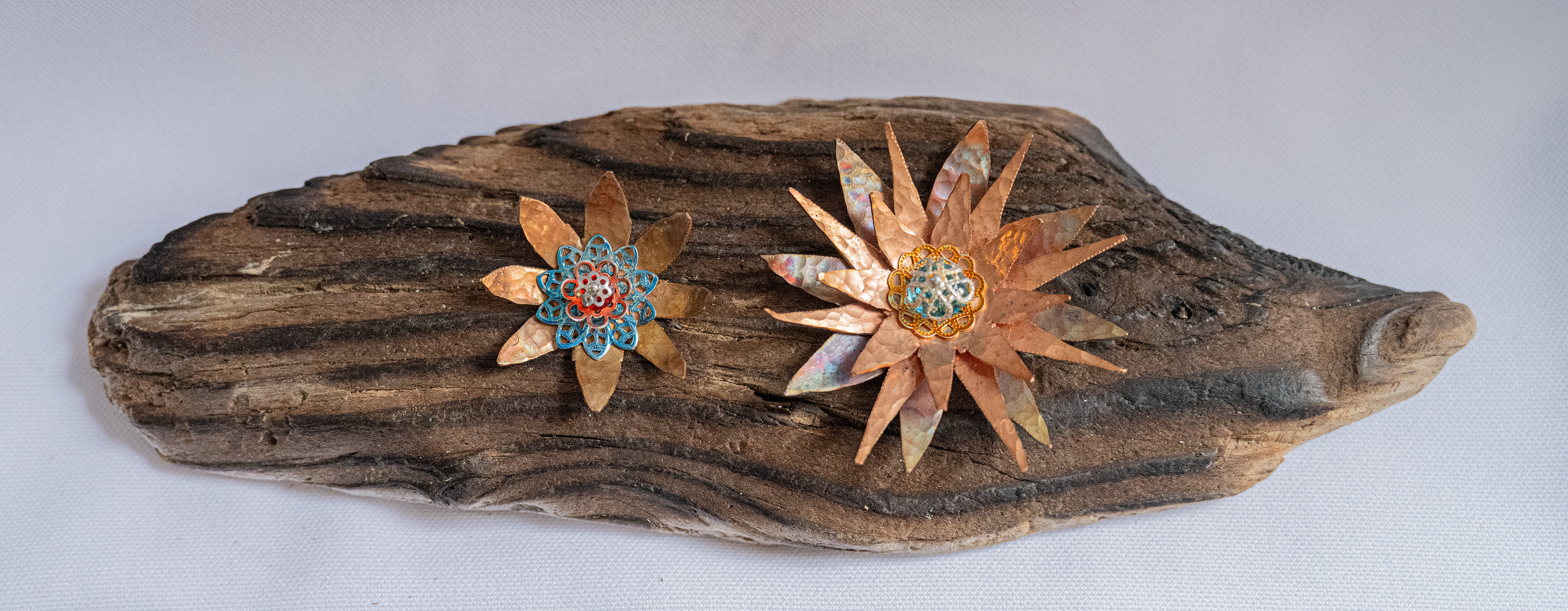 "Drifting", 9w x 1.5h x 3.25d, Copper, driftwood, glass beads, $55