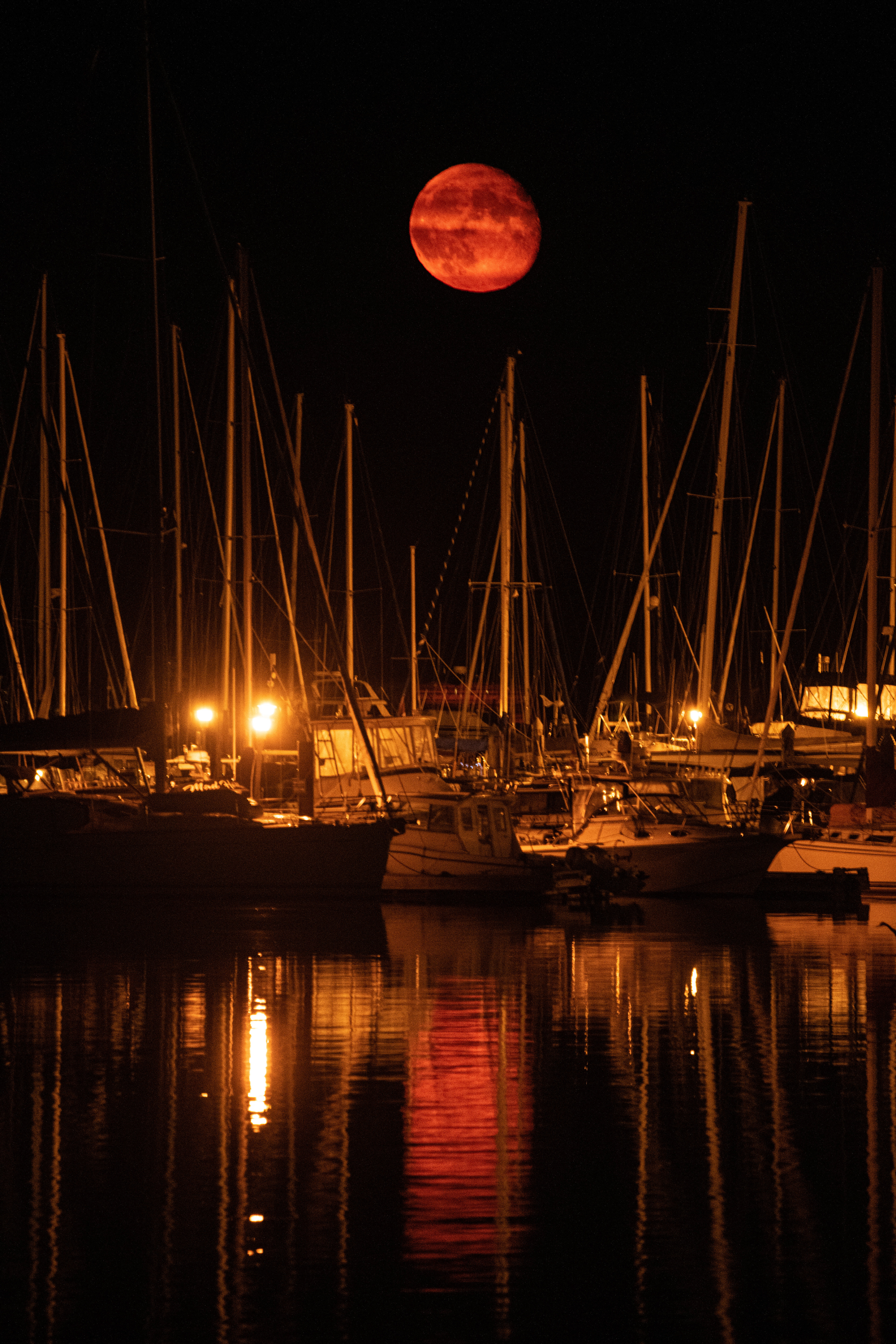 Smoky moon rising over Oak Bay Marina in Victoria.