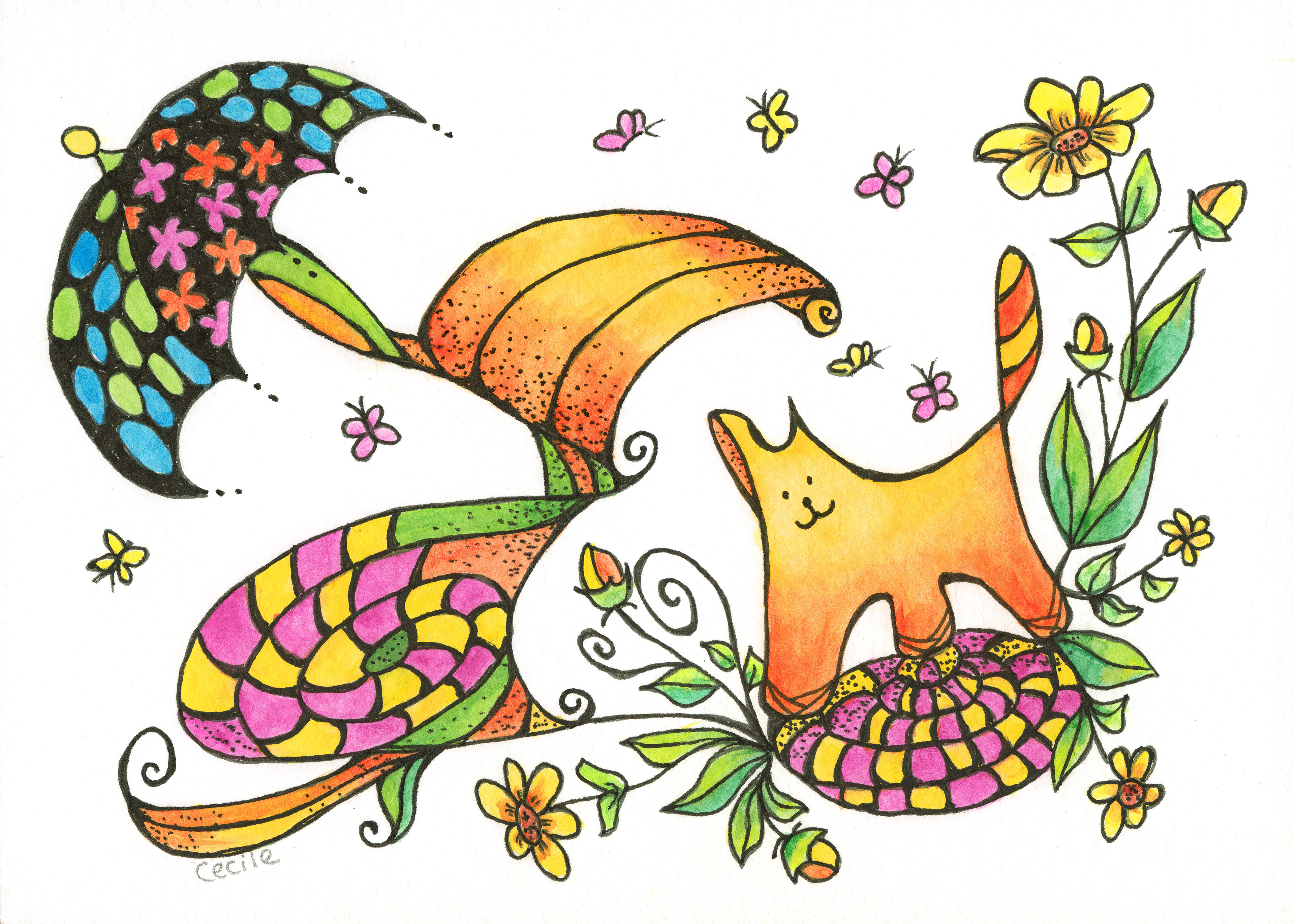 Orange Cat in the Garden, original artwork by Cecile Brisebois Guillemot