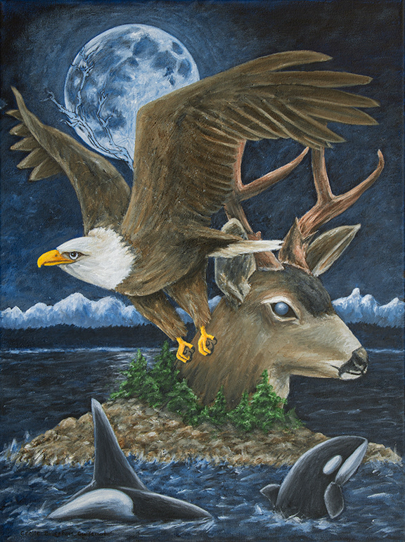 Snow moon rising while creatures of the air, earth and sea, Bald Eagle, Blacktail Deer and Orca, watch over the Saalish Sea around Vancouver Island.
