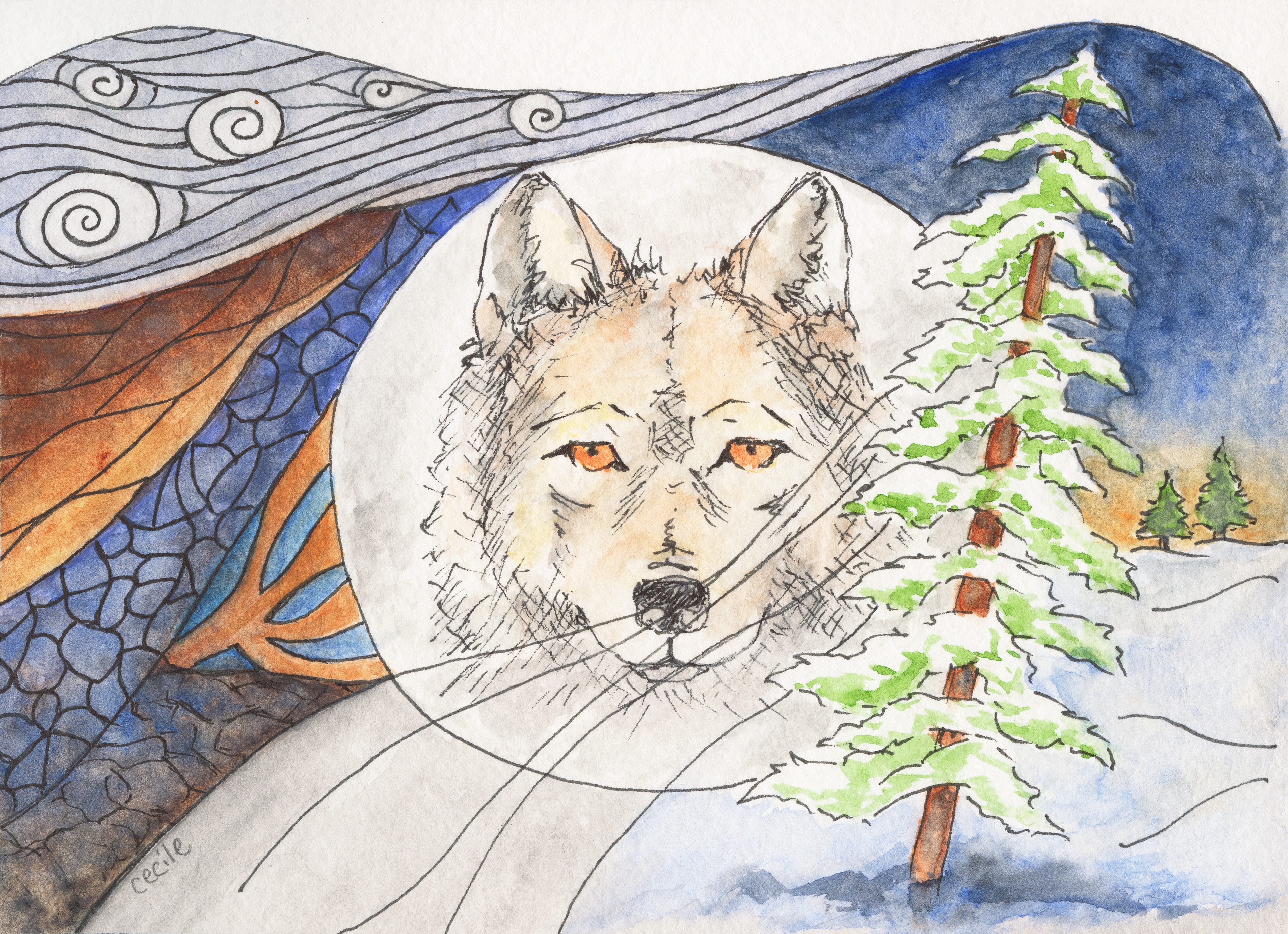 Wolf Moon Rising, original artwork by Cecile Brisebois Guillemot
