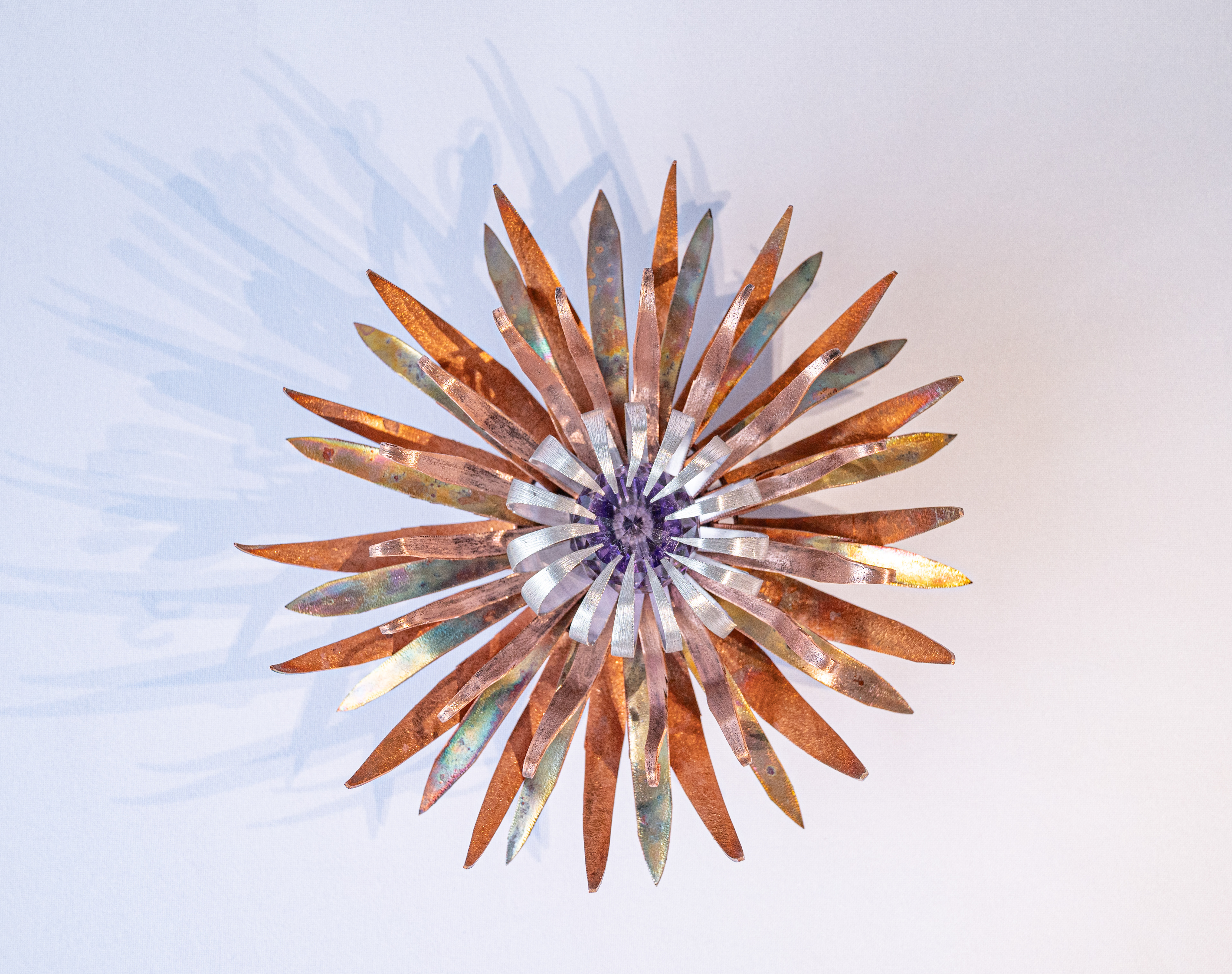 "Purple Heart Anemone", top view, copper and aluminum with crystal, 7 diameter  x 3 high, $125