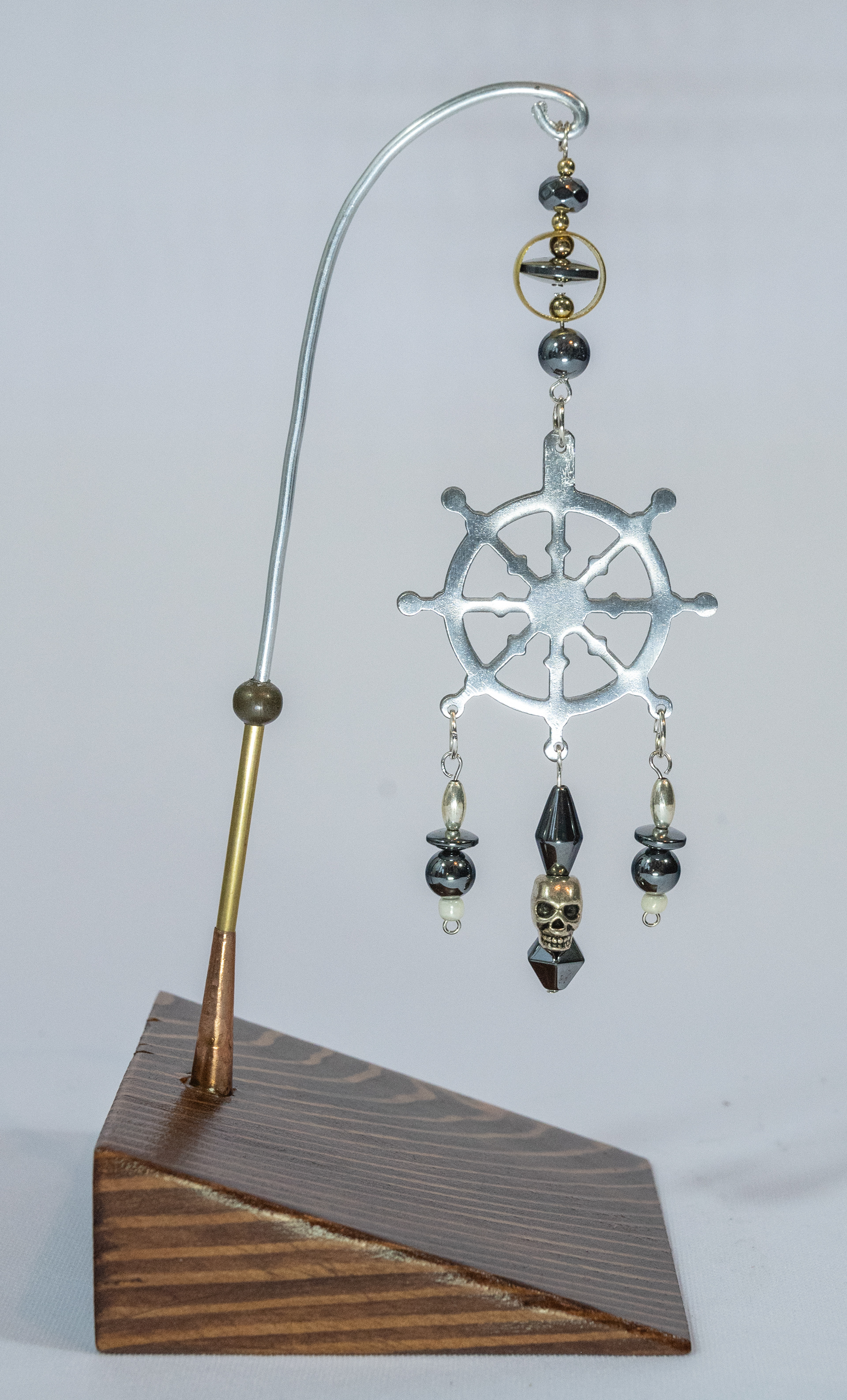 "Ghost Ship" features brass and aluminum wire on a fir base with upcycled materials, beads and metal findings, 3.5 wide x 3.5 deep x 7.5 high,, $55