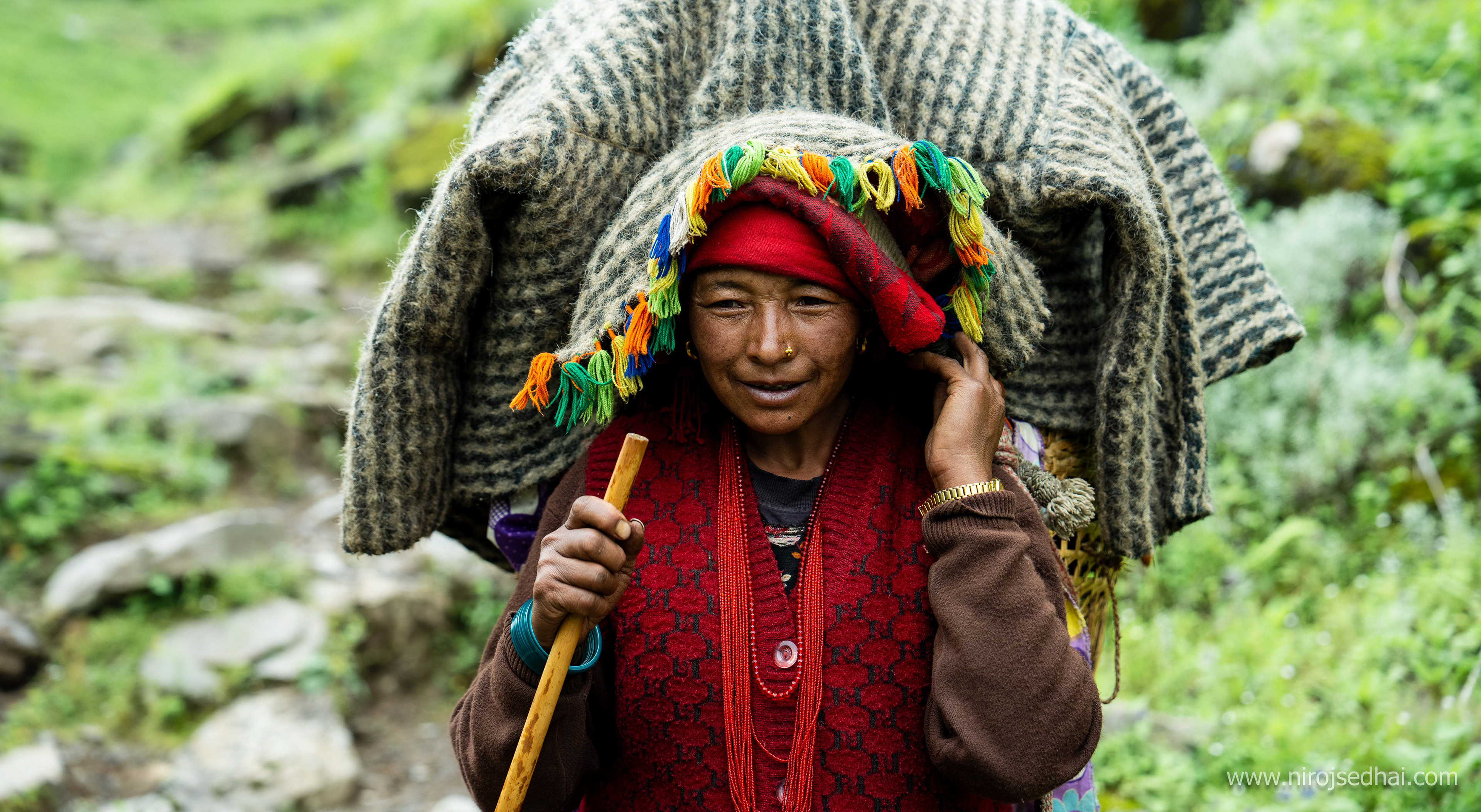 Wife of a shepherd coming down from the pastureland to Dhorpatan civilization