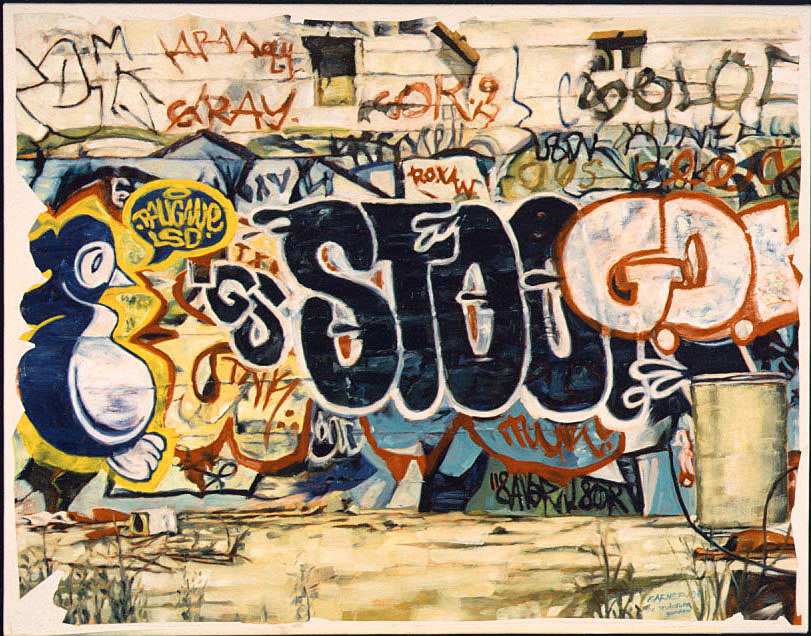 Graffiti, 1995, oil on denim, 140 X 100 cm.  SoldSculpture Garden, 1995, oil on canvas, 130 X 100 cm. Sold