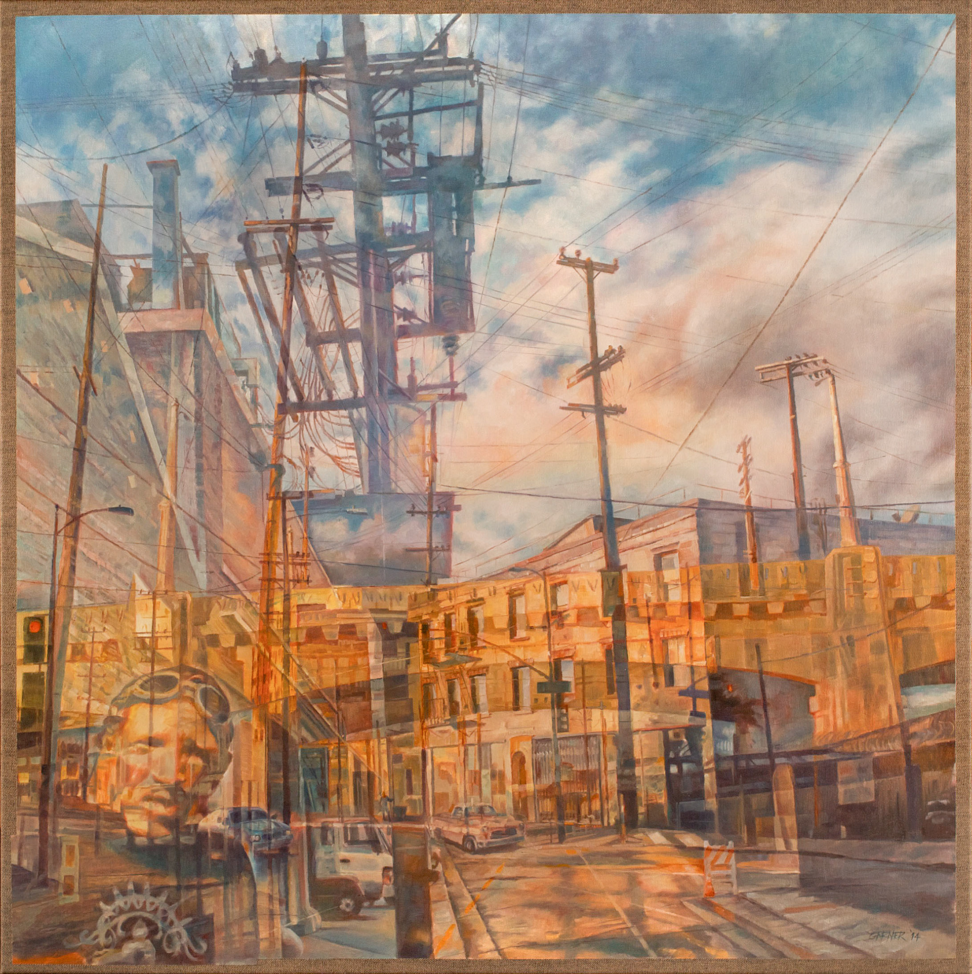 6th St Bridge with Pepper, 2013, oil on denim, 36" X 36".  Sold