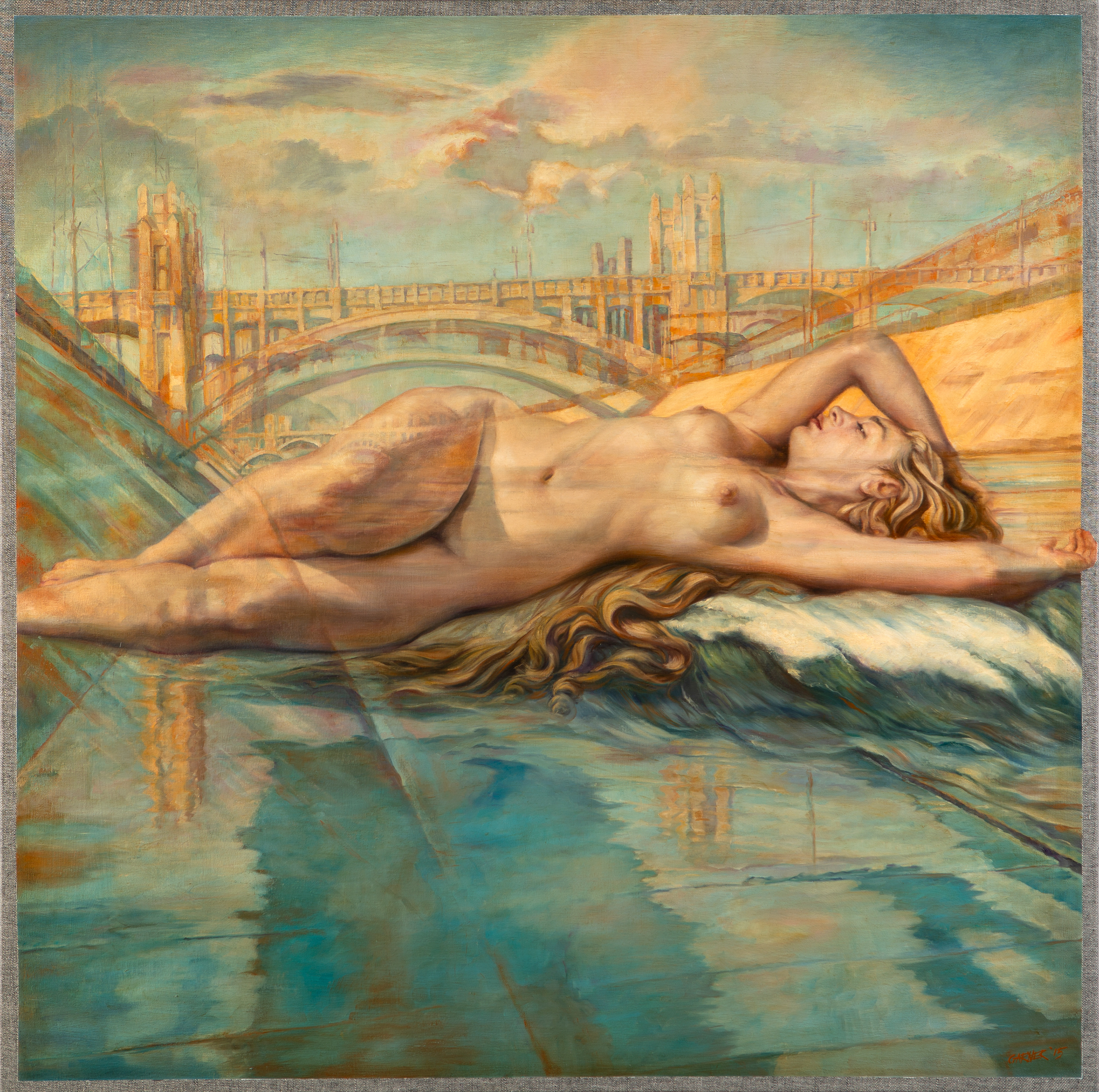 Venus Emerging from the LA River, 2015, Oil on Linen, 42 x 42"