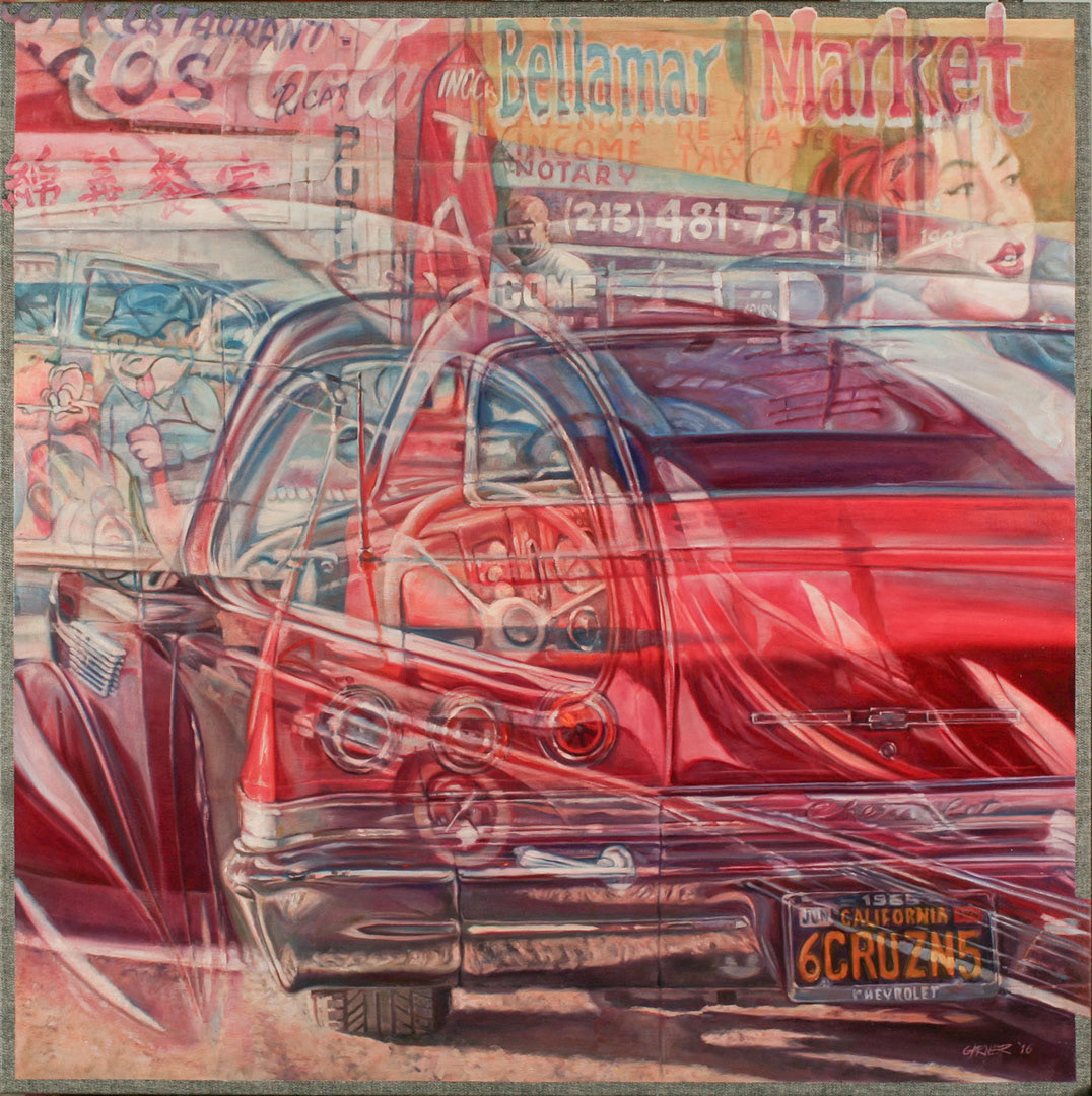 Cruz'n, 2016, oil on denim, 36 x 36