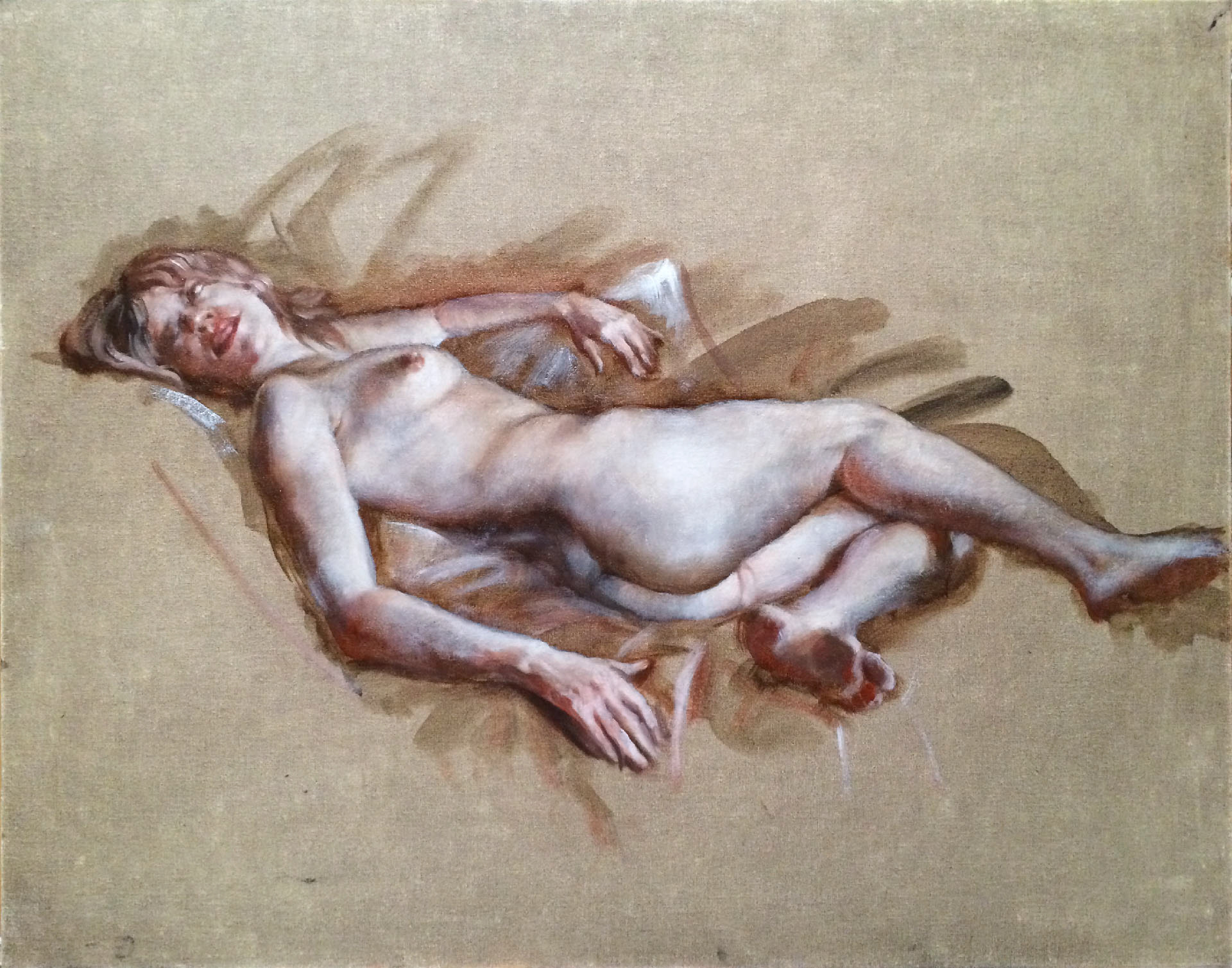 Reclining Nude Initial Grisaille, 2015, oil on canvas panel, 20" X 16"