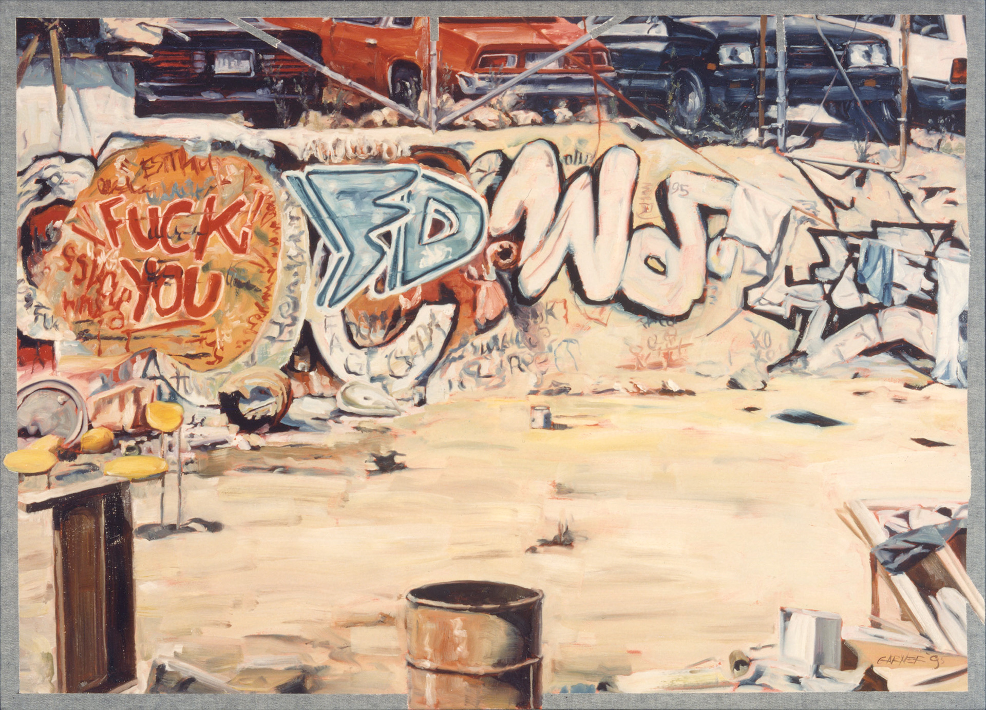 Graffiti, 1995, oil on denim, 140 X 100 cm.  Sold
