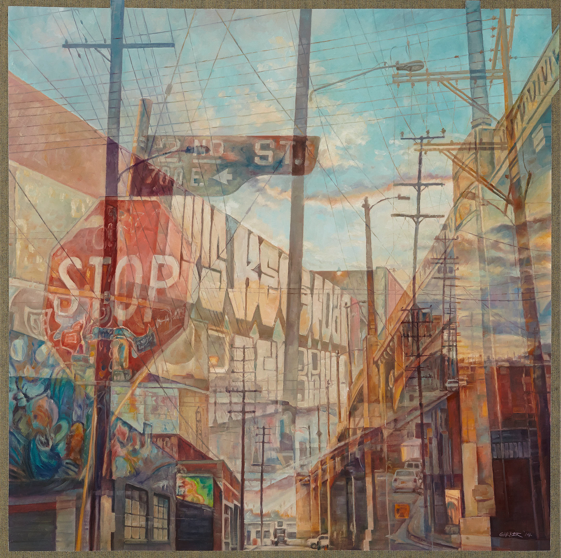 Stop 6th St Bridge, 2014, oil on denim, 36" x 36". Sold