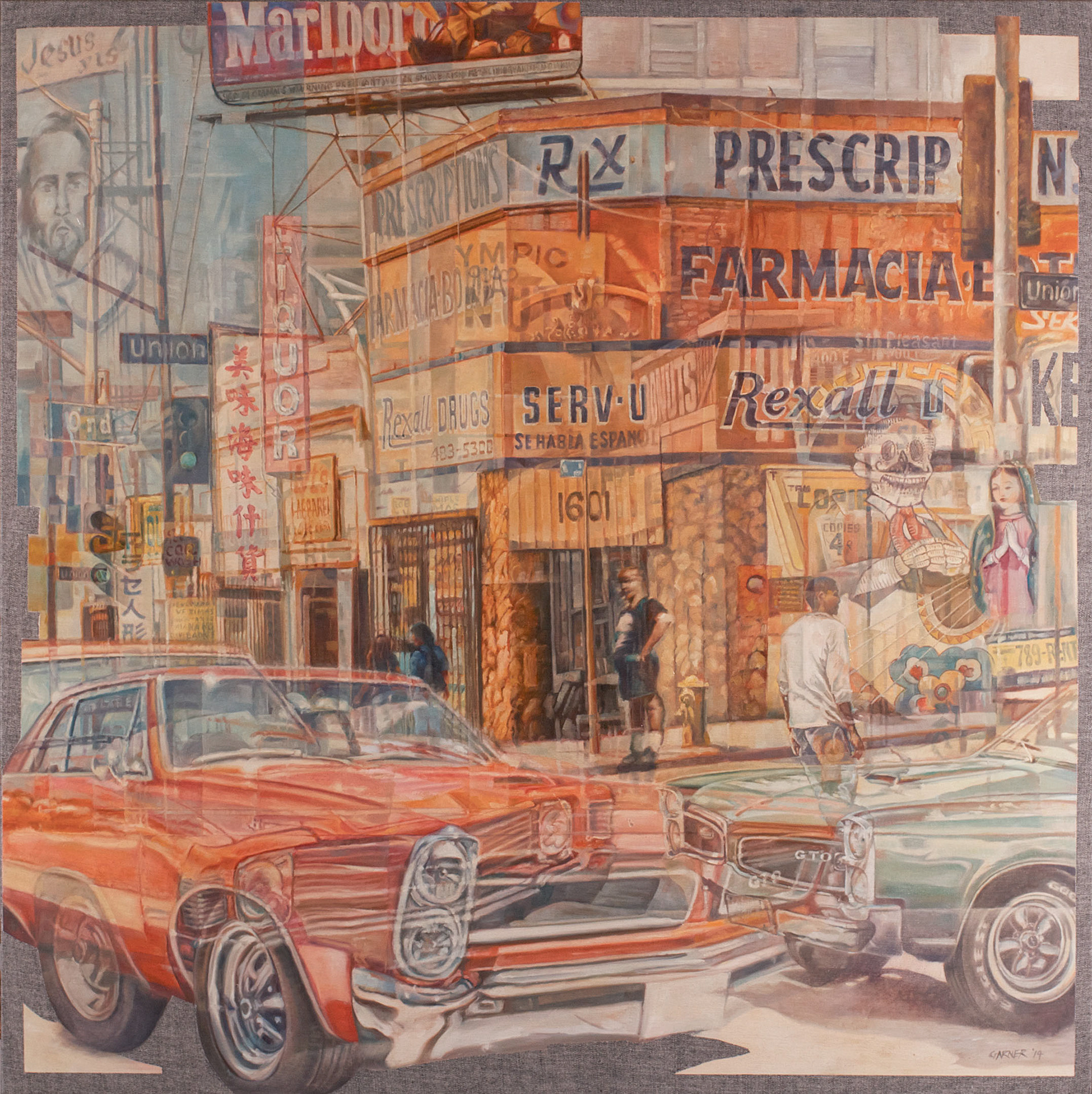 Chance Encounter of Two GTOs and an SS in Front of a Rexall Drugstore, 2014, oil on denim, 48" x 48" Sold