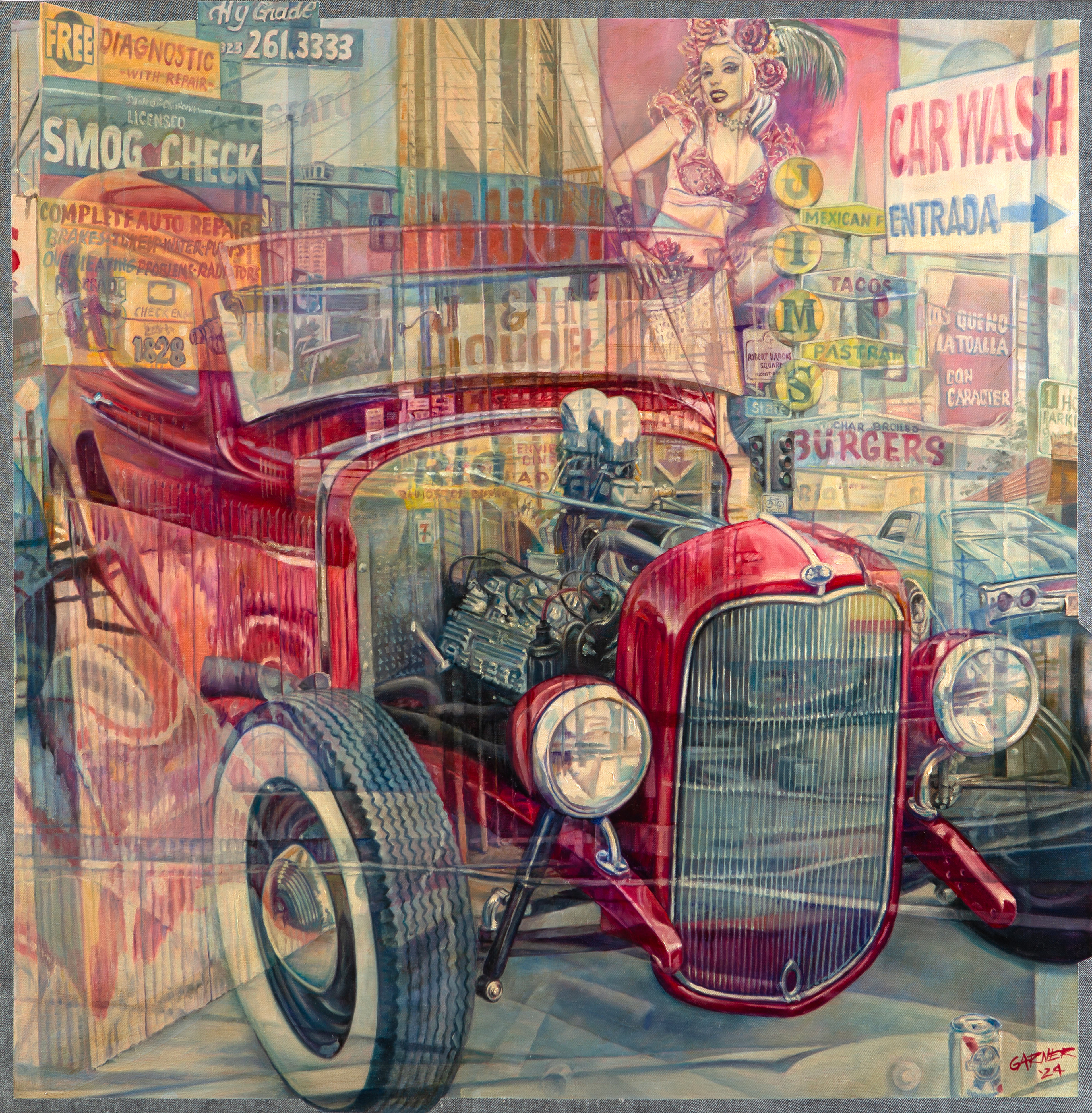 Red Hot Rod, 2024, oil on denim, 36"x36"
