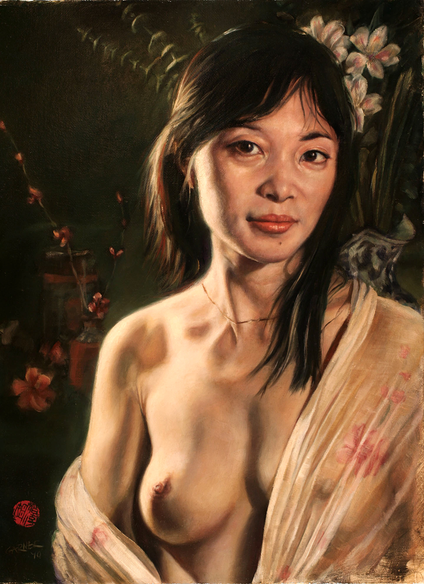 Nude with Shawl and Flowers, 2010, oil on canvas, 12" X 16"