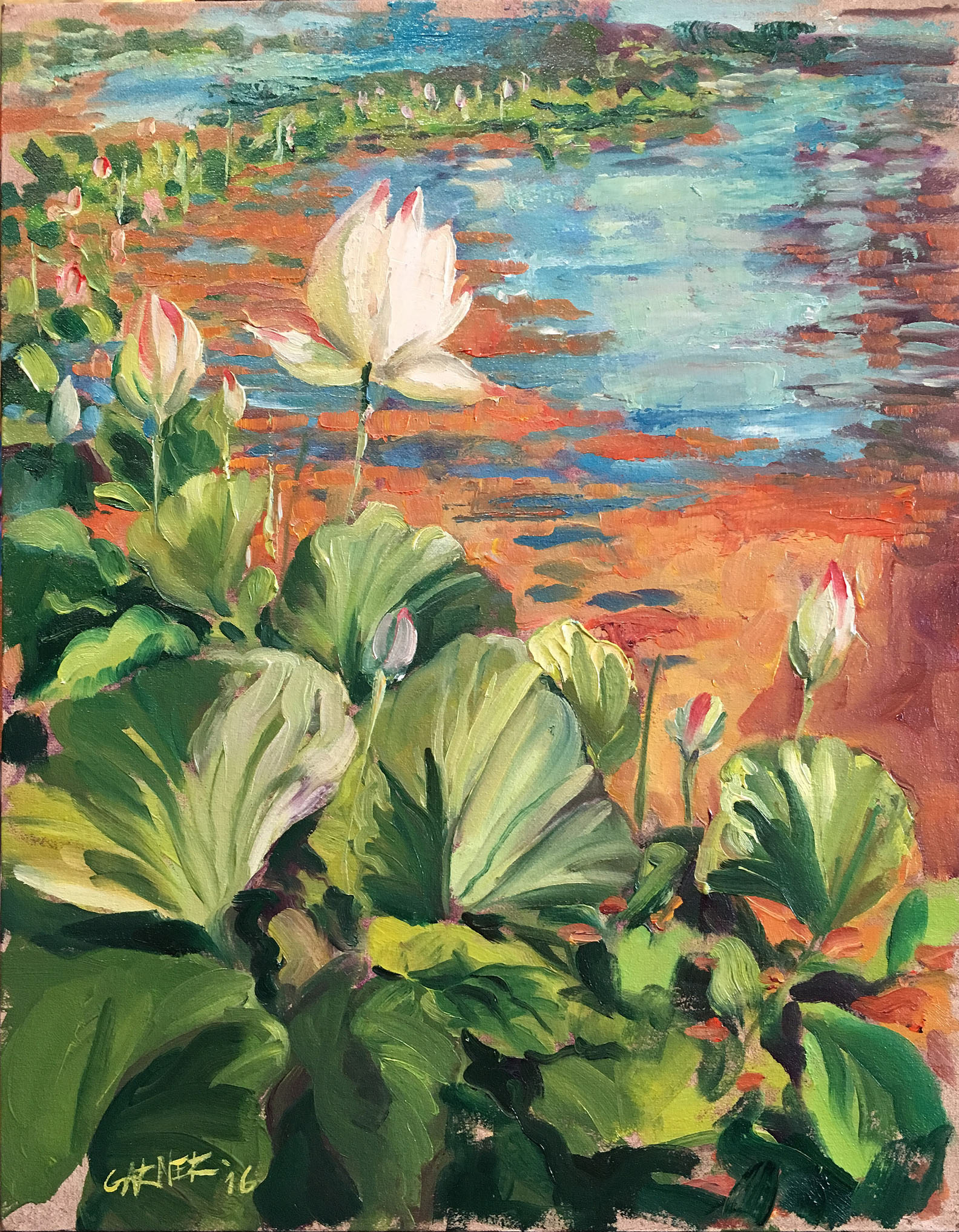 Lotuses at Echo Park Lake, 2016, oil on canvas panel, 14" X 11"