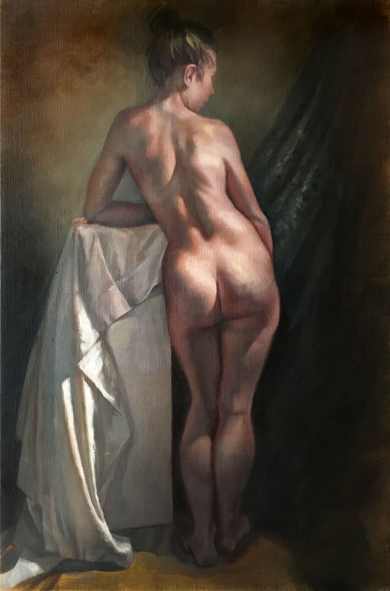 Posterior Nude with Drapery, 2017, oil on linen, 30" X 20"