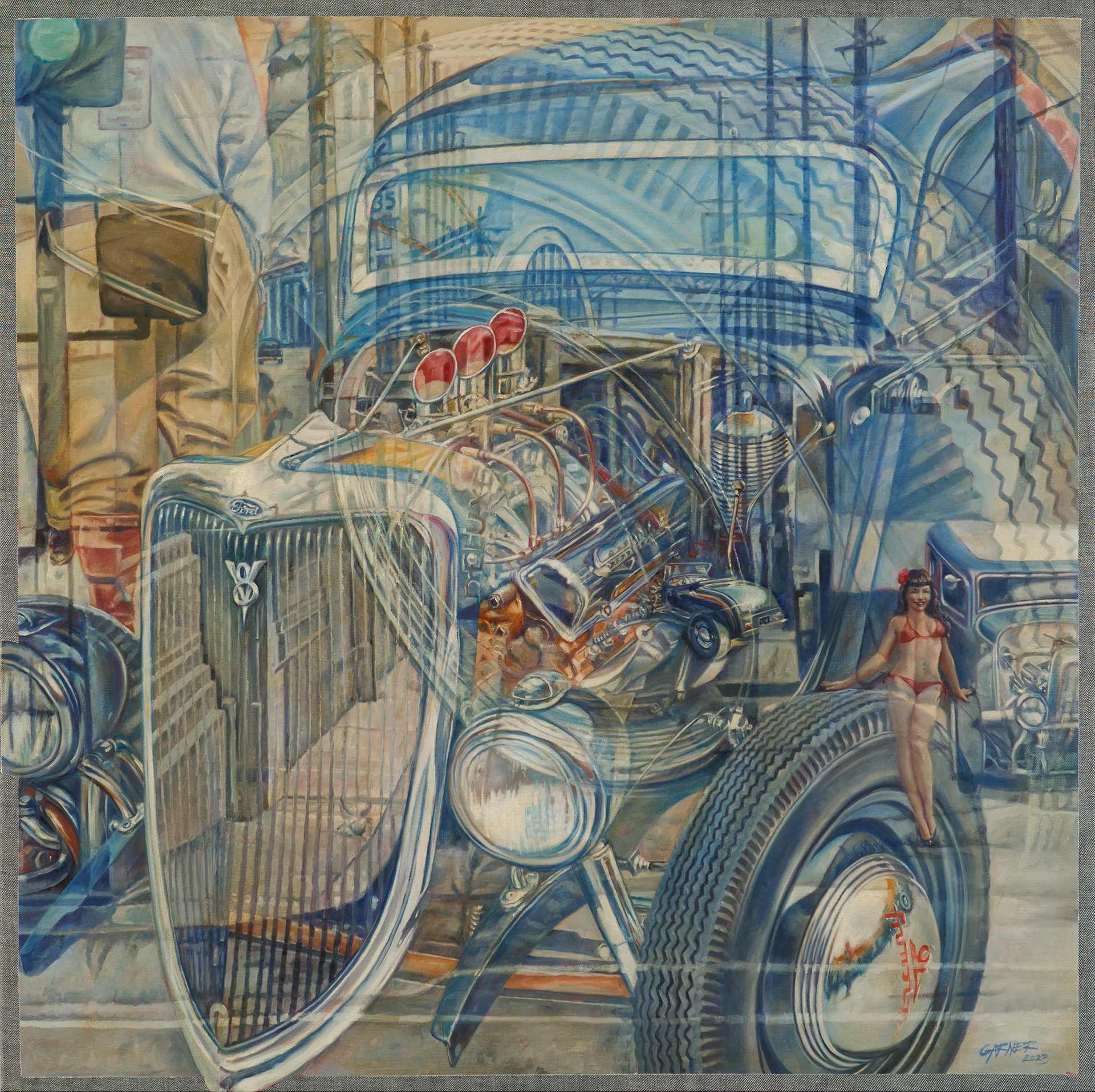 V8 Hot Rod, 2023, Oil on denim, 56"x32"