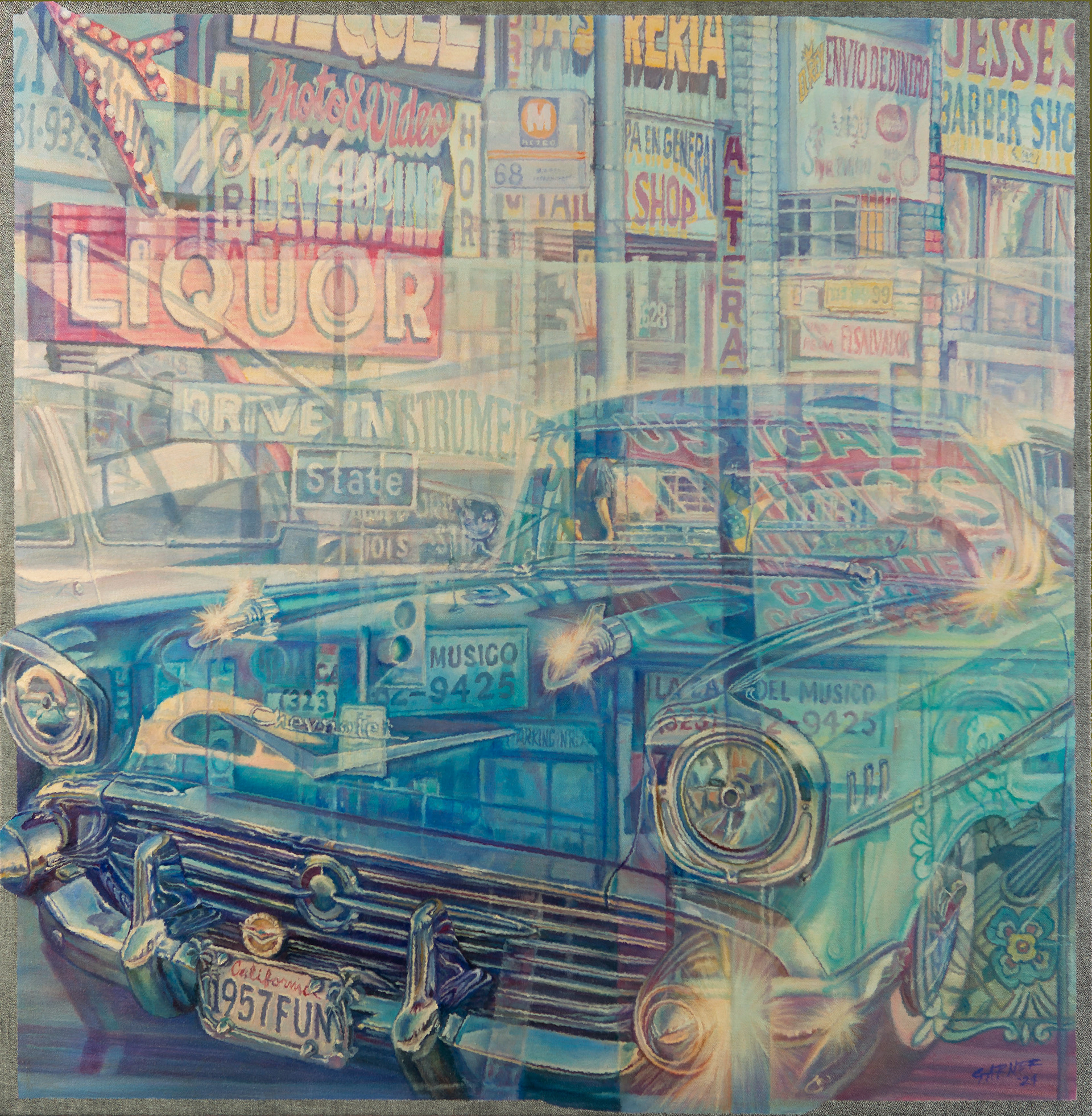 '57 Chevy Blue, 2024, oil on denim, 36"x36"