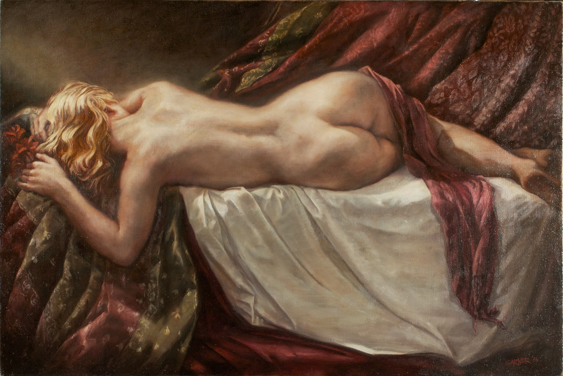 Reclining Posterior Nude with Drapery, 2015, oil on linen, 32" X 24"
