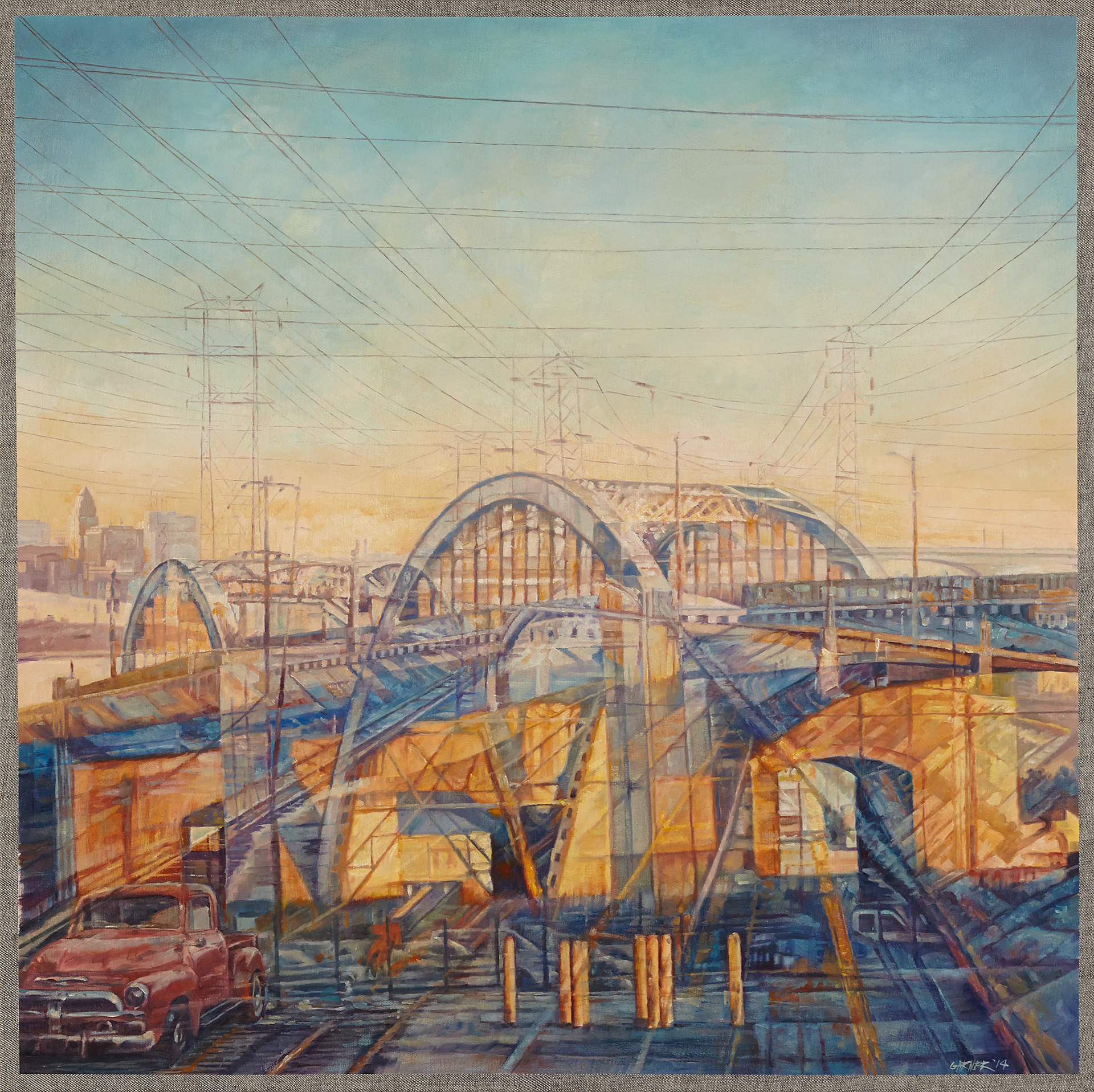 Evening of the 6th St Bridge, 2014, oil on denim, 36" X 36"