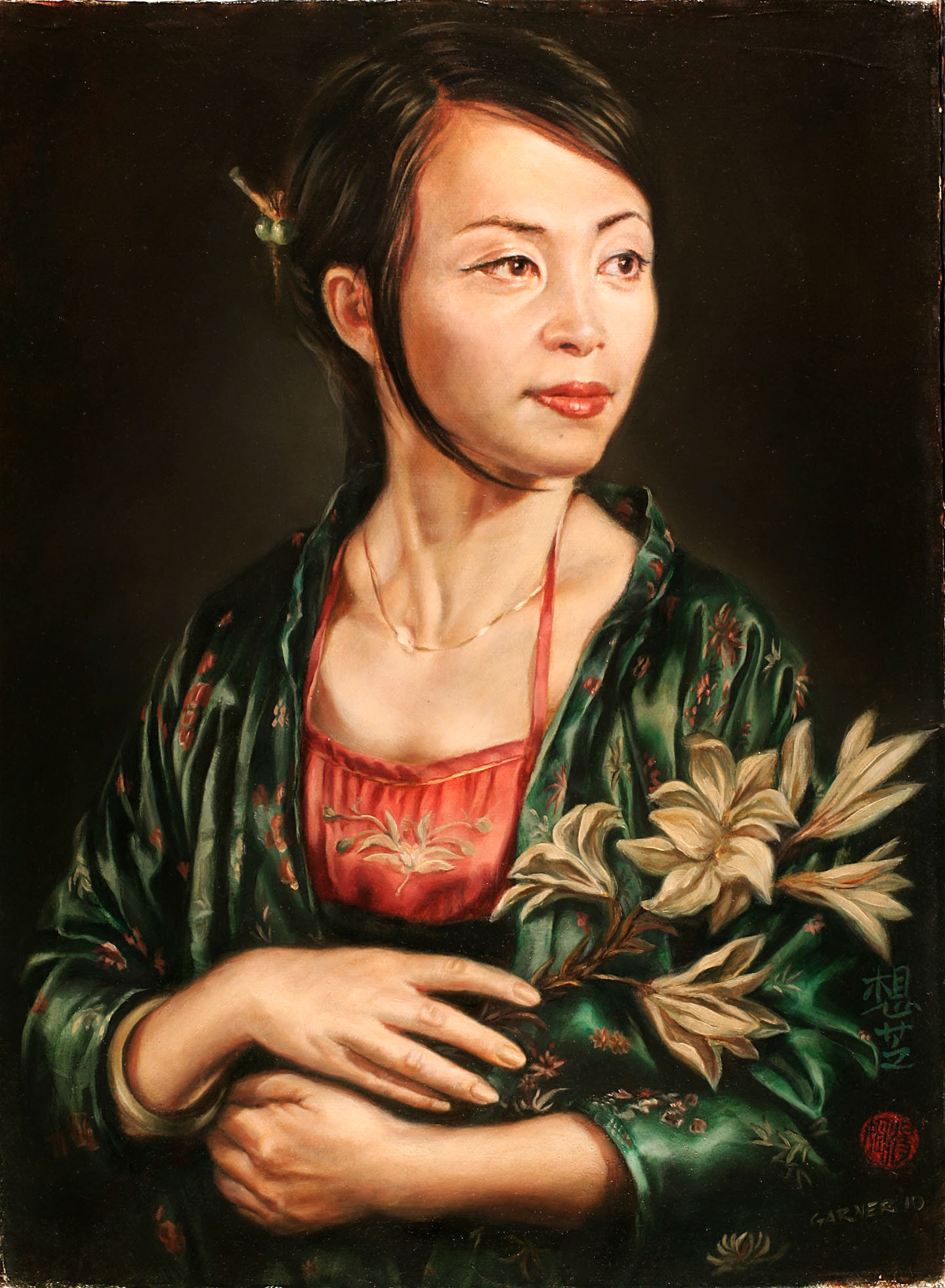 Xiangzhi with Lilies, 2010, oil on canvas, 12" X 16".