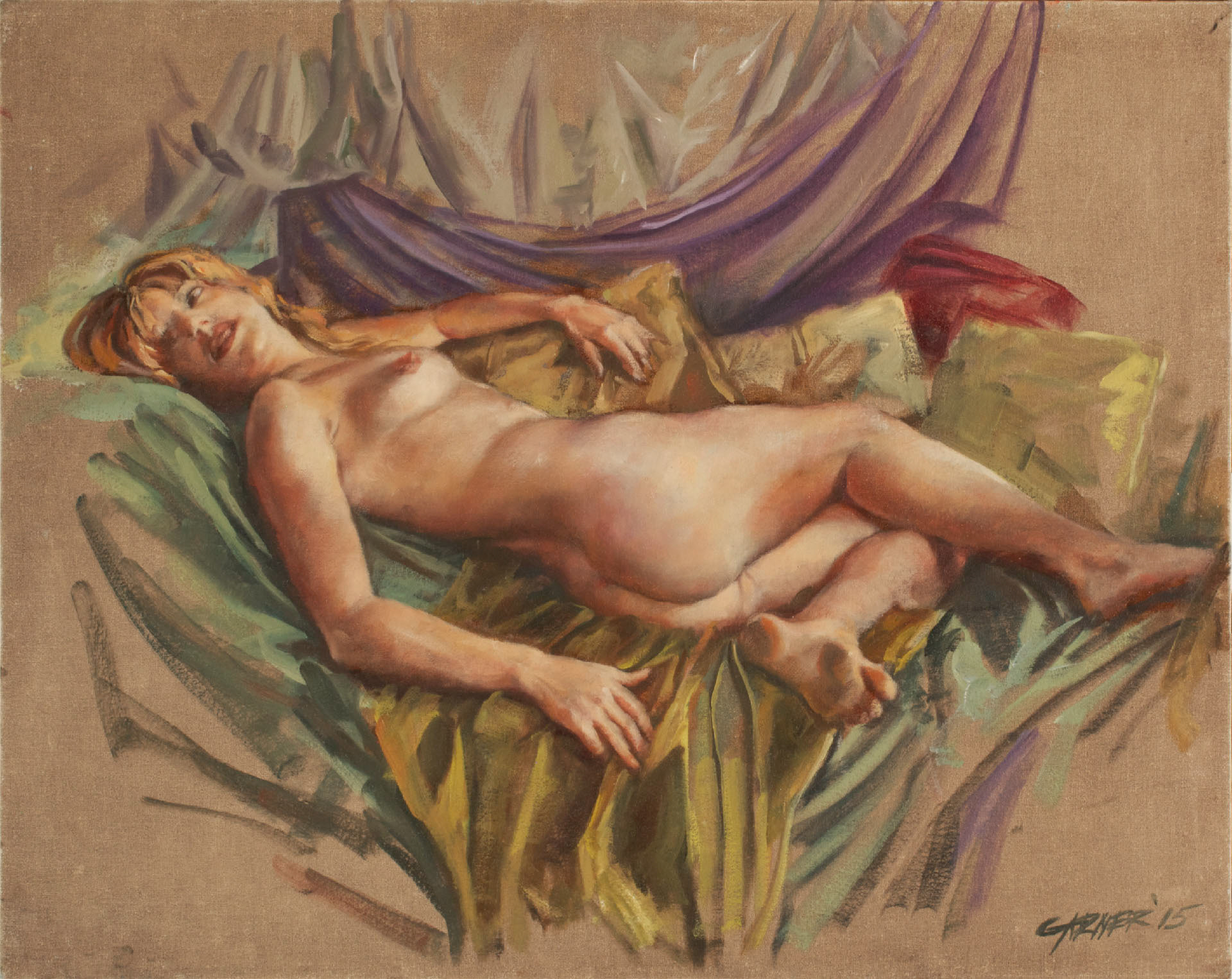 Reclining Nude with Drapery, 2015, oil on canvas panel, 20" X 16"