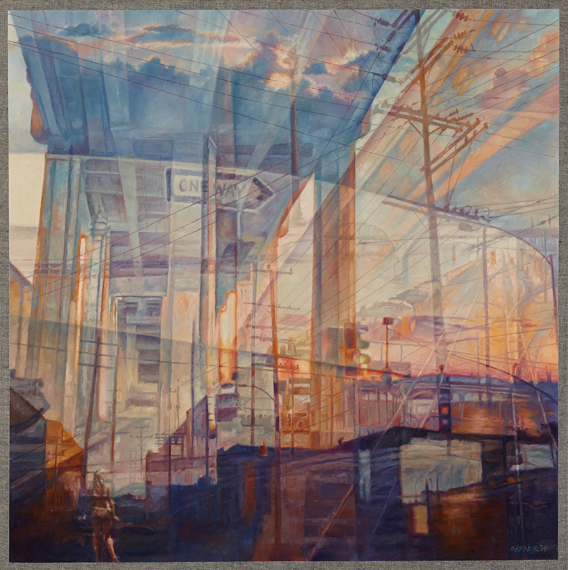 The 6th St. Bridge Overhead, 2014, oil on denim, 36" X 36"