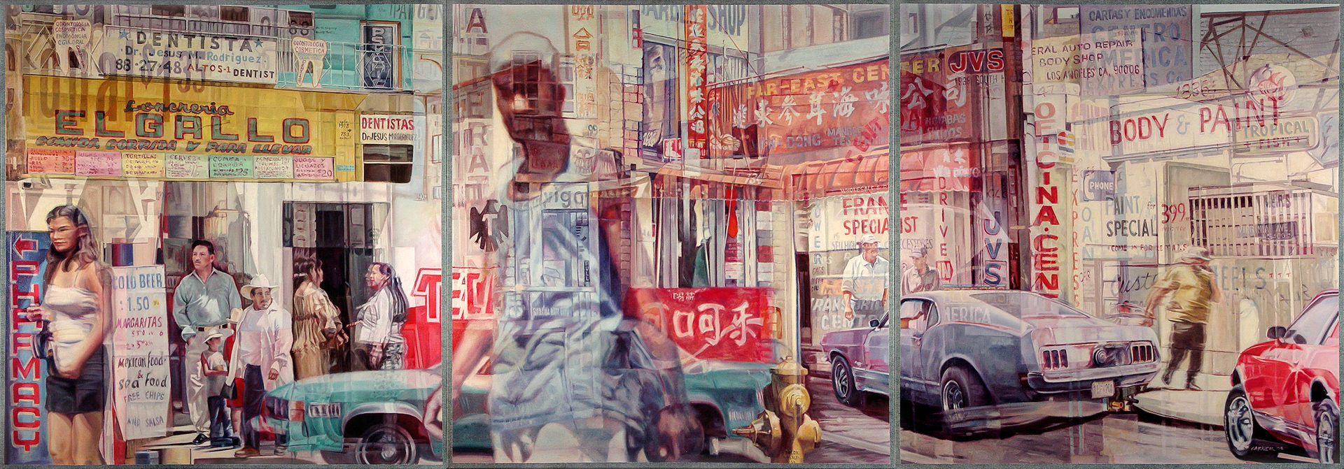 Triptych of three paintings Urban Scene, 2005, Oil on Denim, 42" X 44",  Sold