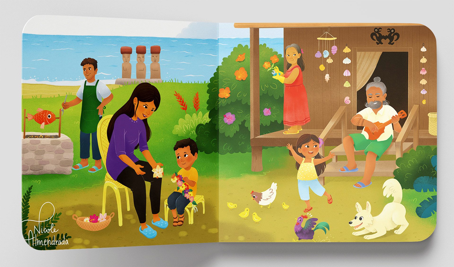 Double spread "Rapa Nui's family" - SM Ediciones Chile