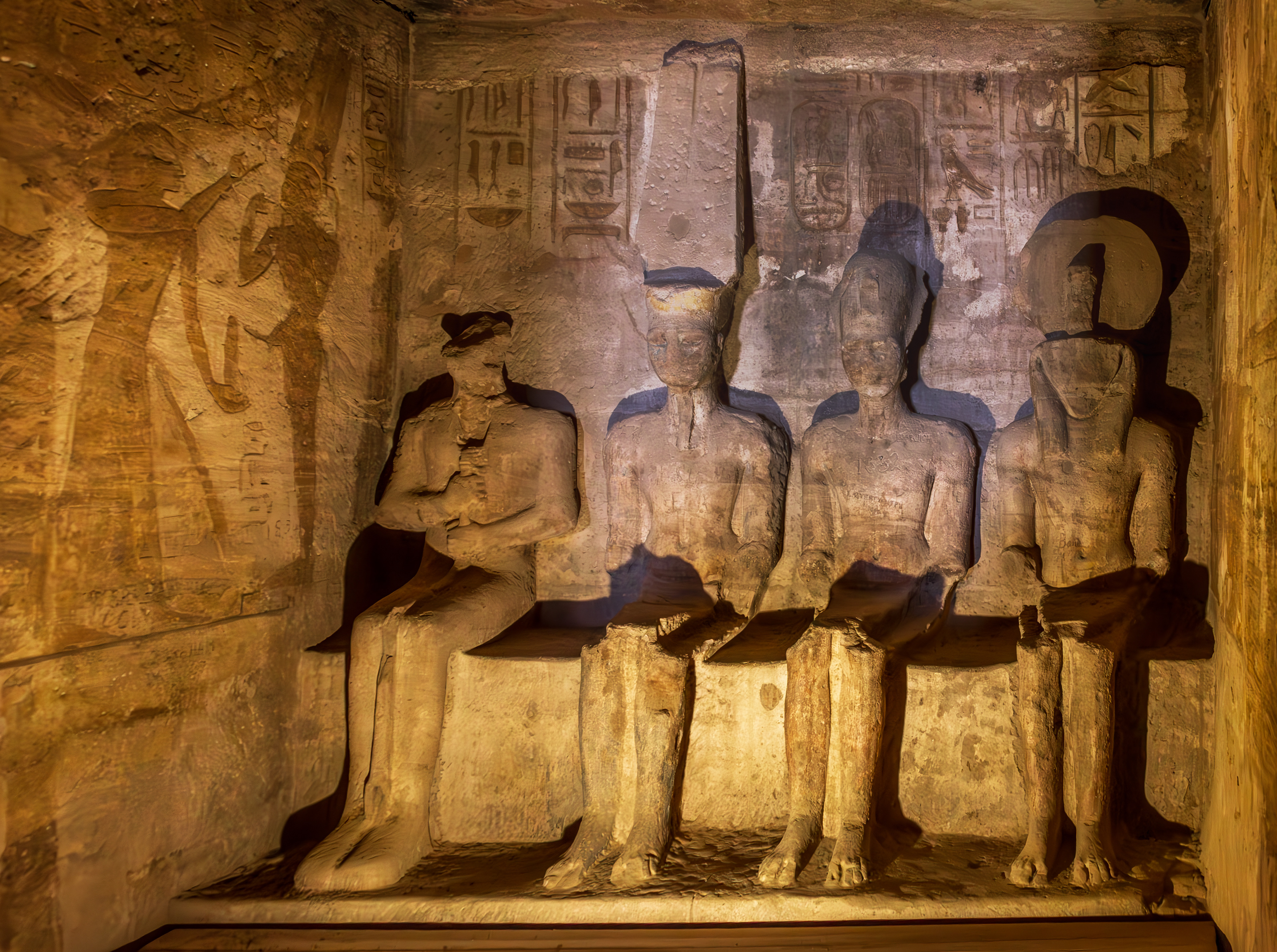 Abu Simbel: Rock cut sculptures of Ra-Horakhty, the deified king Ramesses, and the gods Amun Ra and Ptah.