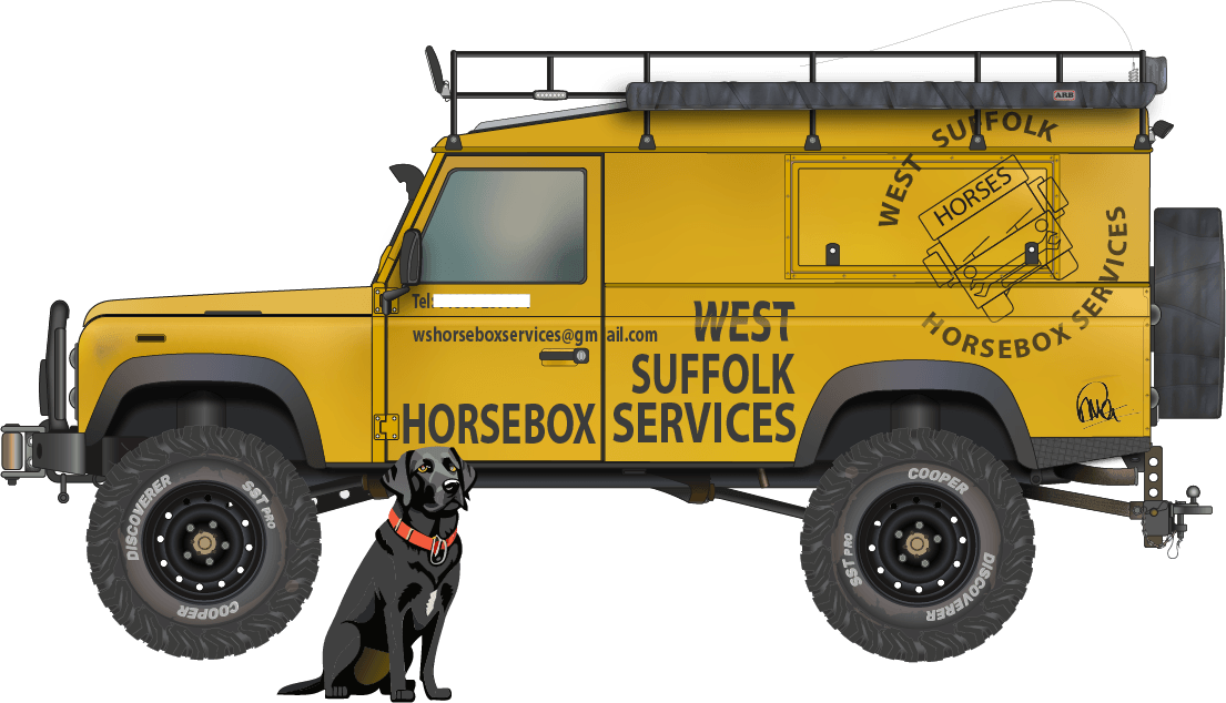 Land Rover Defender camper 110 and Labrador with business decals