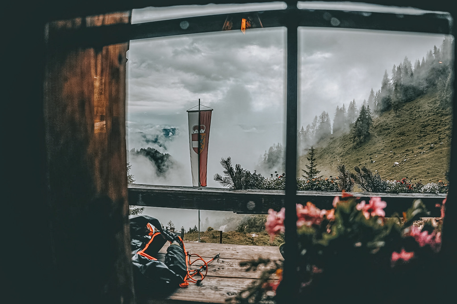 View through a window of a mountain hut on the way to the Passauer hut