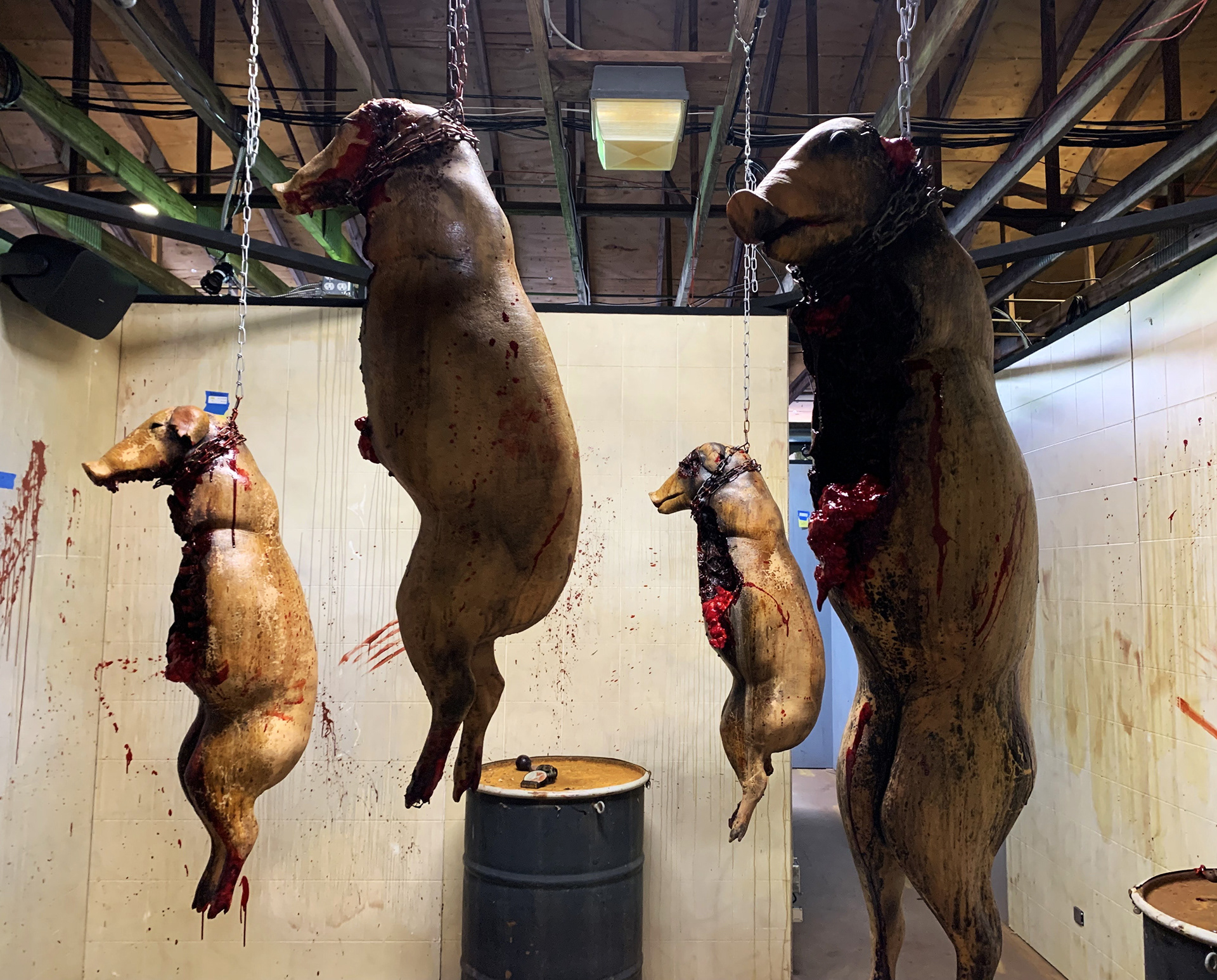 Hanging Pigs Fake Blood and Intestines Added