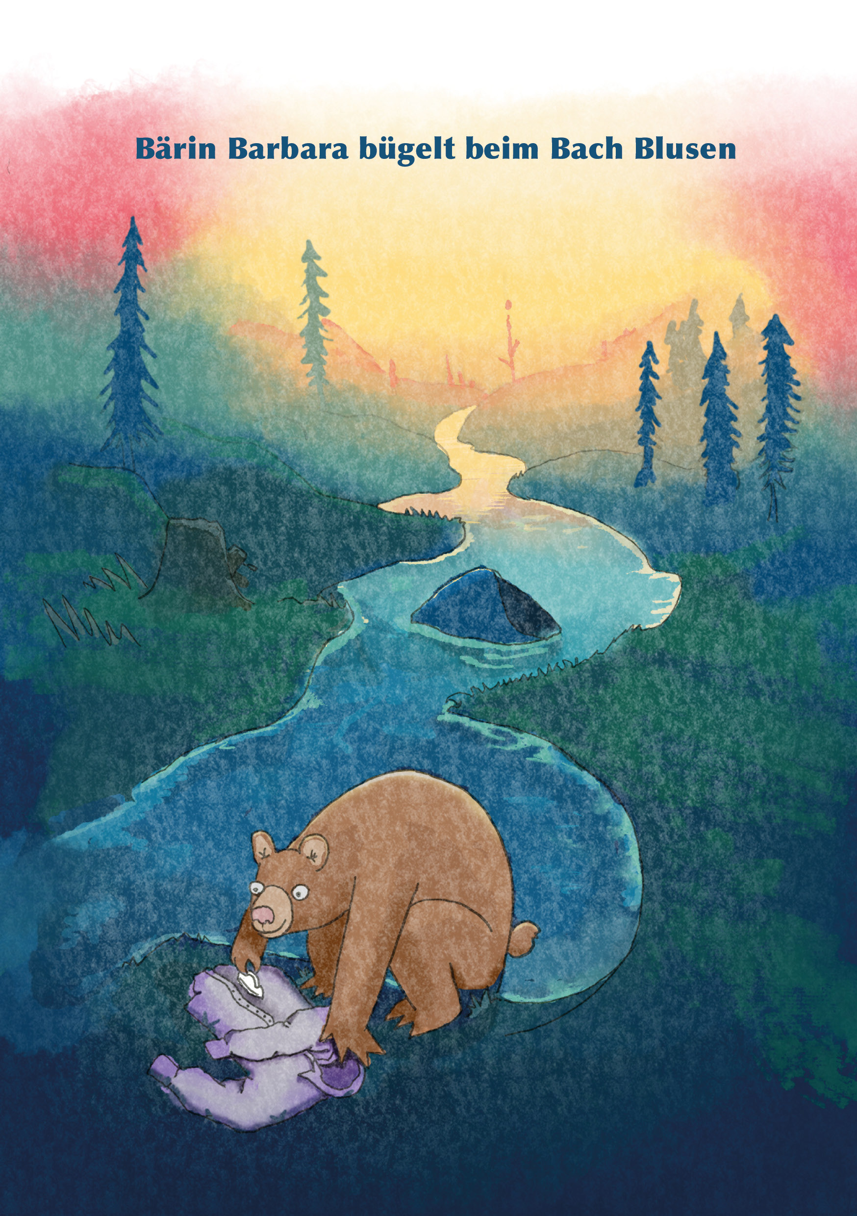 The bear Barbara irons her blouse at the stream