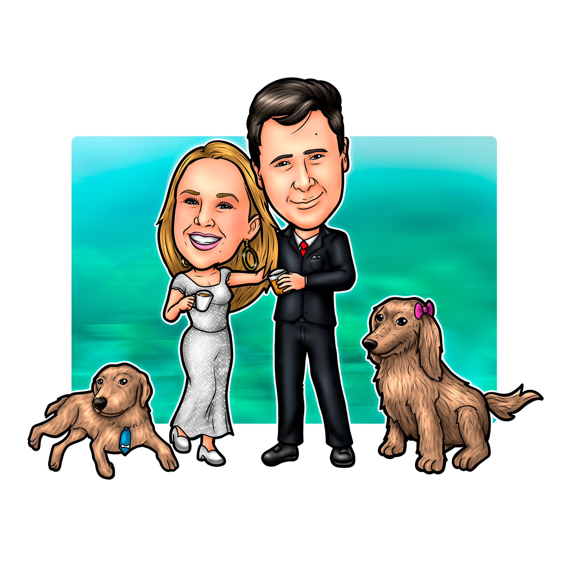 Caricatura do Casal com seus Cachorros