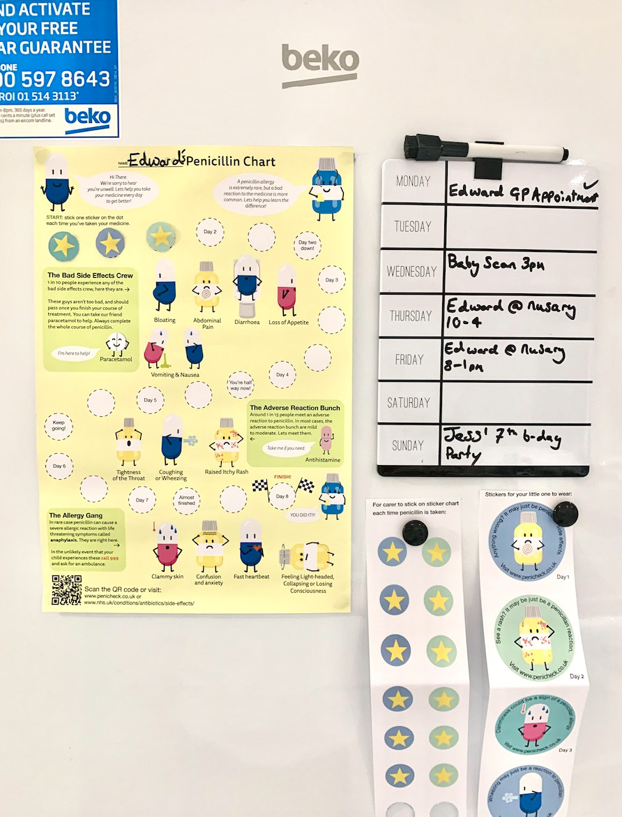 Sticker chart on fridge. Small stickers for the chart & Larger stickers for child to wear so careers/childminders also gain knowledge