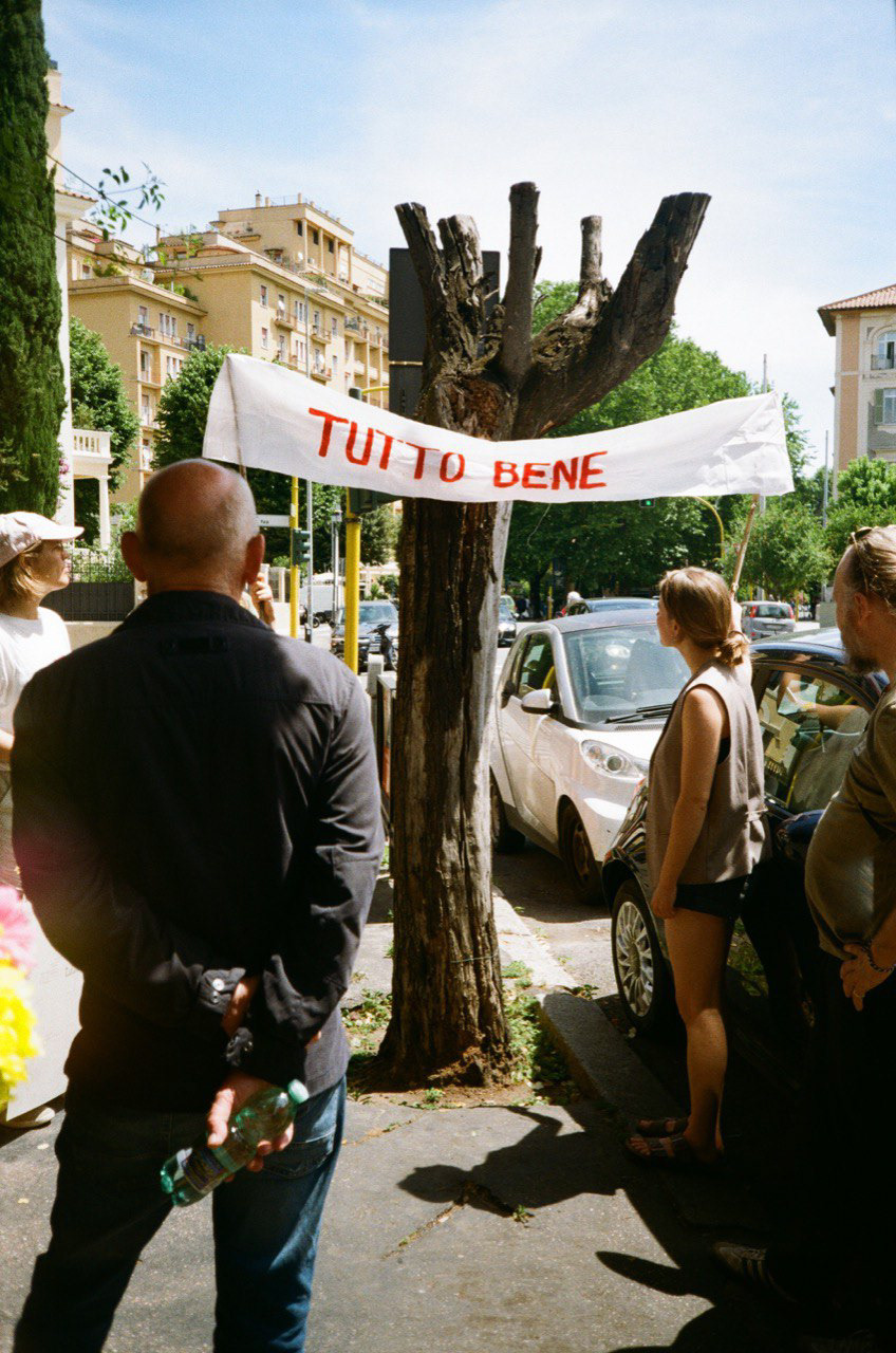 Throwback Rom 2024: Analog festgehalten unsere Protestaktion an einem Baumstumpf im urbanen Stadtraum Rom, wo vielleicht nicht mehr alles „tutto bene“ zu sein scheint.