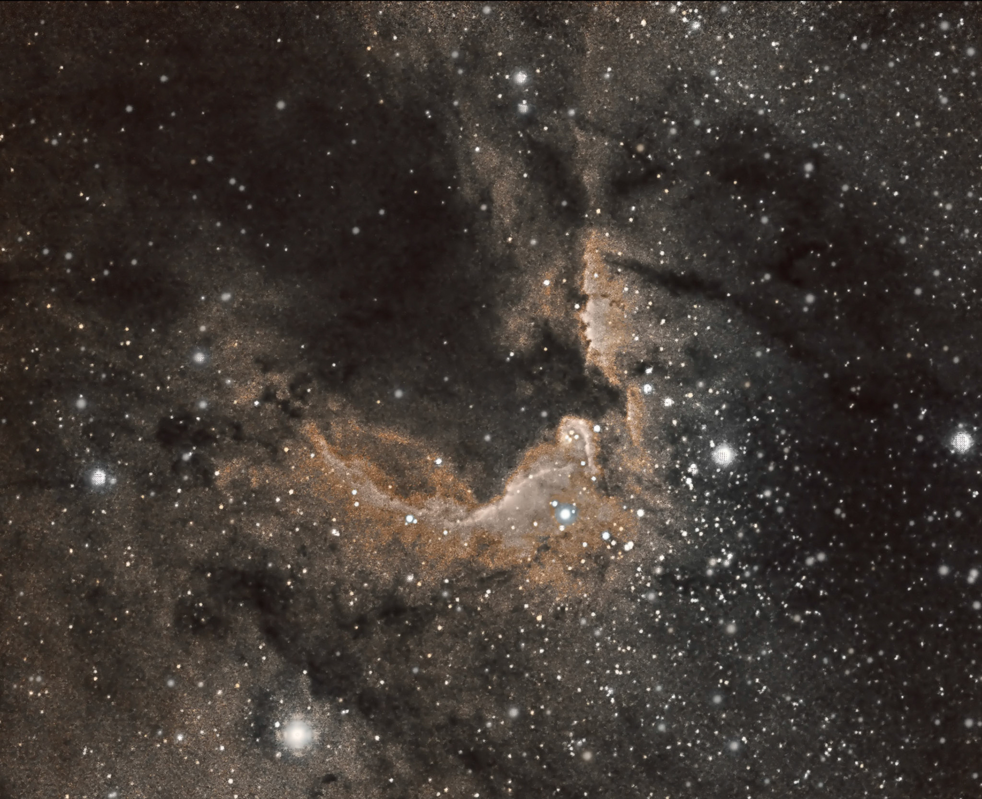 SH2-155, aka the Cave Nebula. This collection of Hydrogen (H2), Oxygen (OIII) and Sulphur (SII) isotopes is a diffuse nebula located 2400 lightyears from earth. The images were collected from 9/21-12/21 using a Celestron 8" SCT telescope, a ZWO 1600mm Pro camera, and an Ioptron CEM70g mount. Integration times: H2, SII - 4 hours, OIII- 5 hours using the Hubble SHO palette.