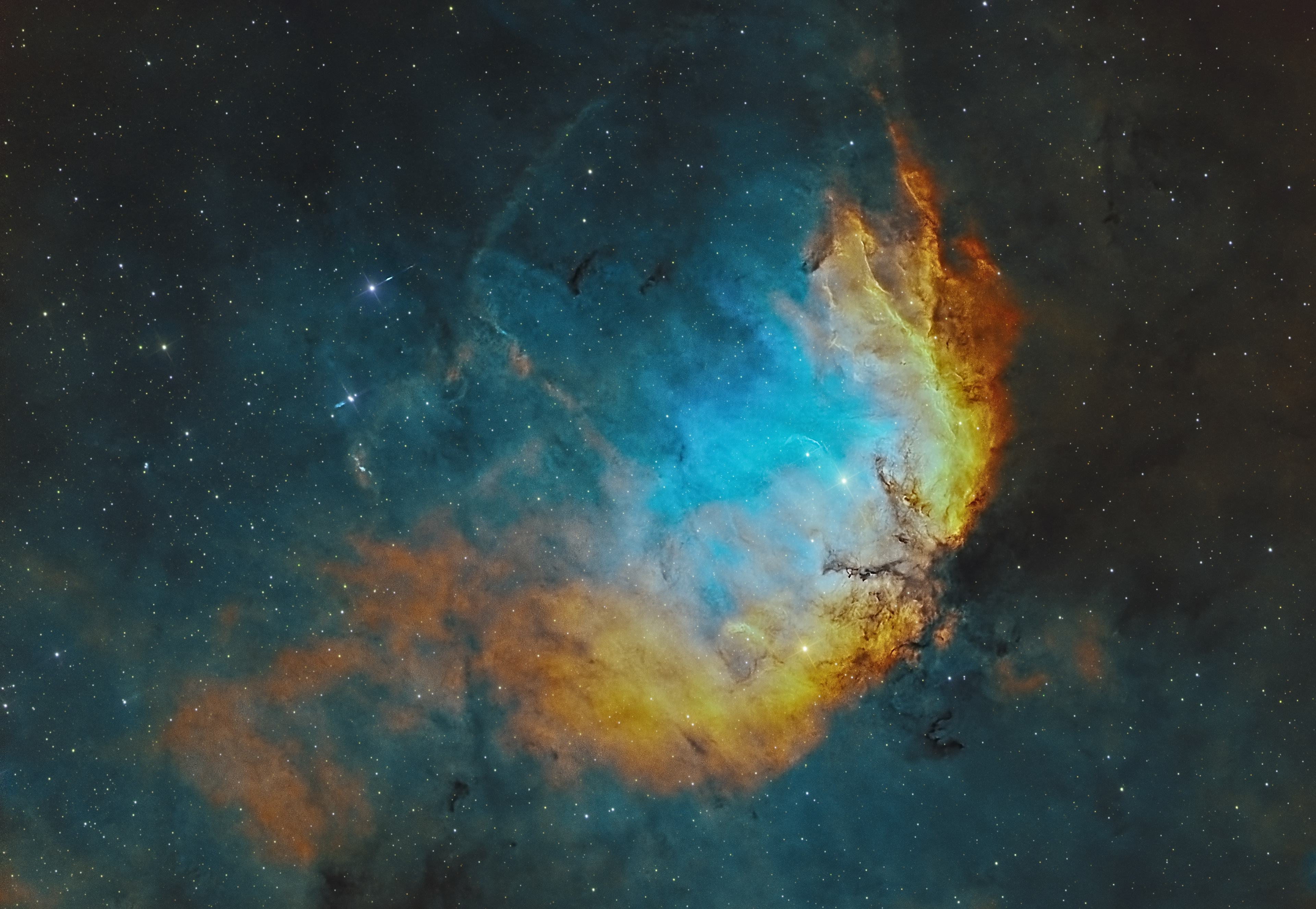 The Tulip Nebula (Sh2-101) is an emission nebula located in Cygnus constellation. It lies at an approximate distance of 6,000 light years from Earth and has an apparent magnitude of 9.0, and a diameter of about 70 light years. The HII region is called the Tulip Nebula because its shape resembles the form of a tulip.  The emission from the Tulip Nebula is powered by ultraviolet radiation of a hot young star. In images, it can be seen near the nebula’s center. HOO