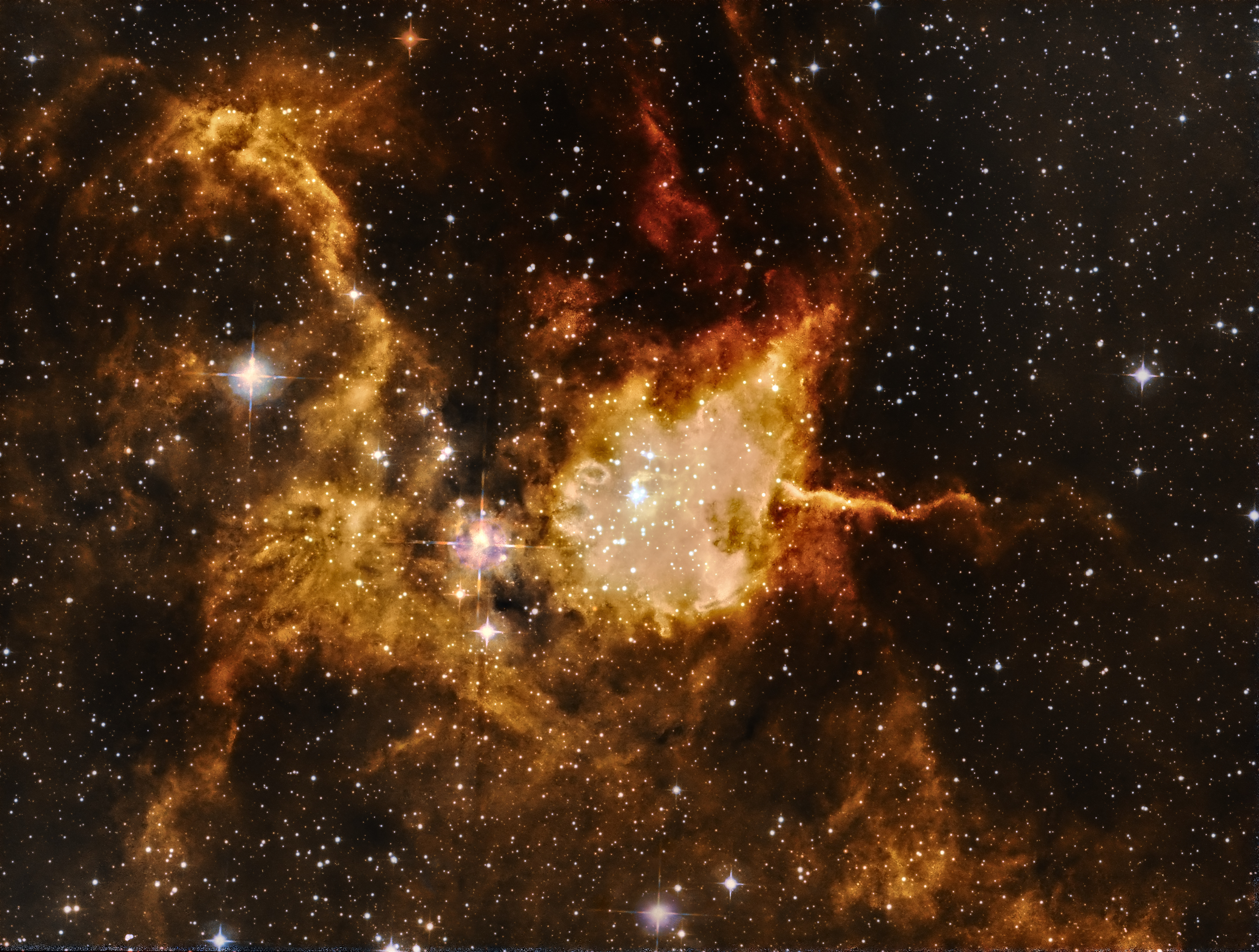 IC417 Spider Nebula - the Spider is an emission nebula approximately 100 light years across. It is located about 10,000 light years from Earth. It is a hotbed of new star formation. This is a combination of both Ha and OIII to create a bi color image. 
