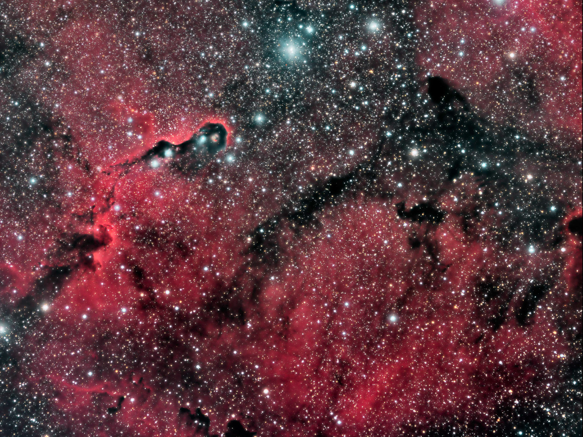 The Elephant's Trunk Nebula, near the upper left, is a concentration of interstellar gas and dust within the much larger ionized gas region IC 1396 located in the constellation Cepheus about 2,400 light years away from Earth.