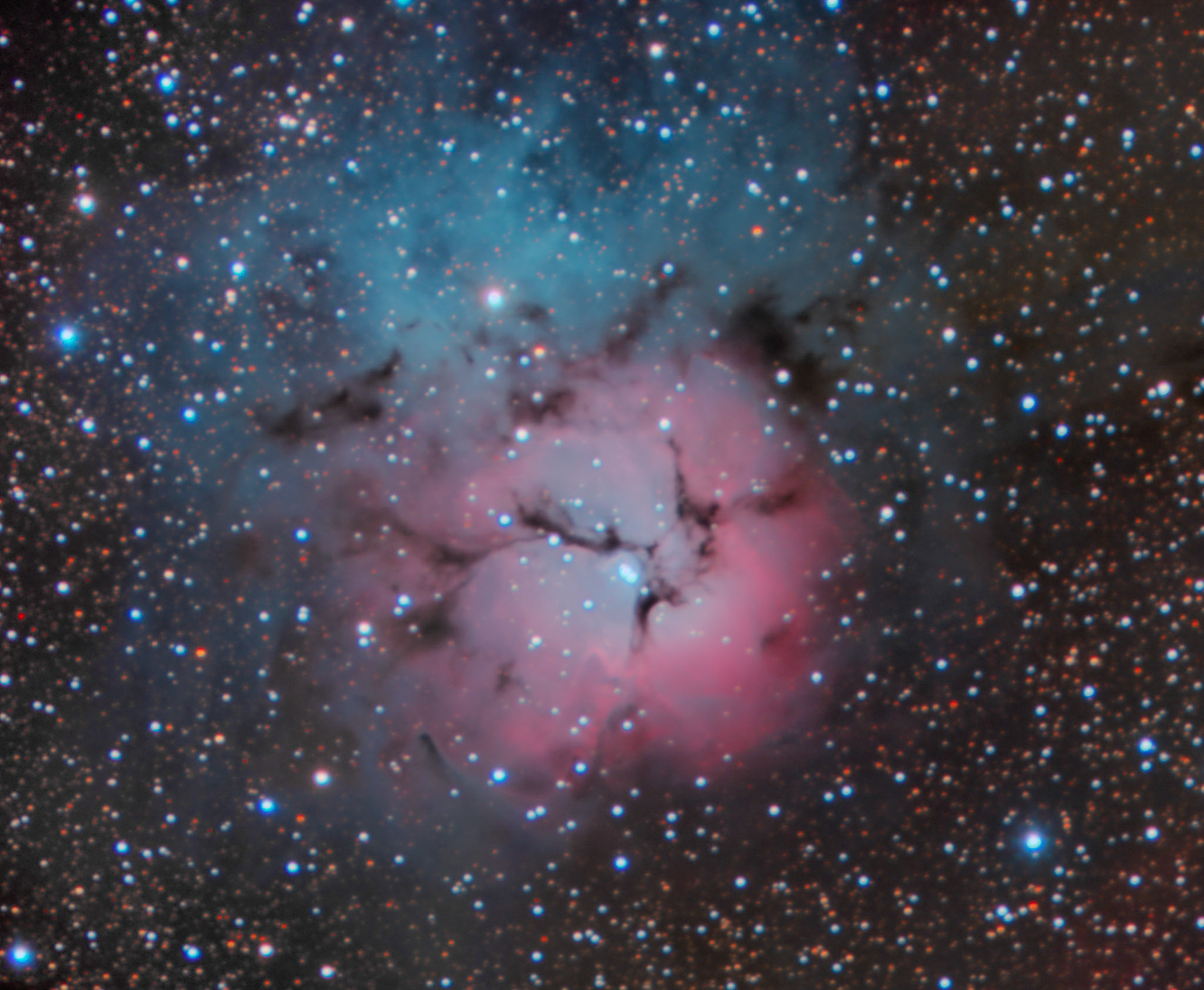 M20, the Trifid Nebula. The Trifid Nebula is a rare combination of three nebulae types that reveal the fury of freshly formed stars and point to more star birth in the future.  8" SCT; ZWO 1600MM Pro — at Los Angeles Astronomical Society.
