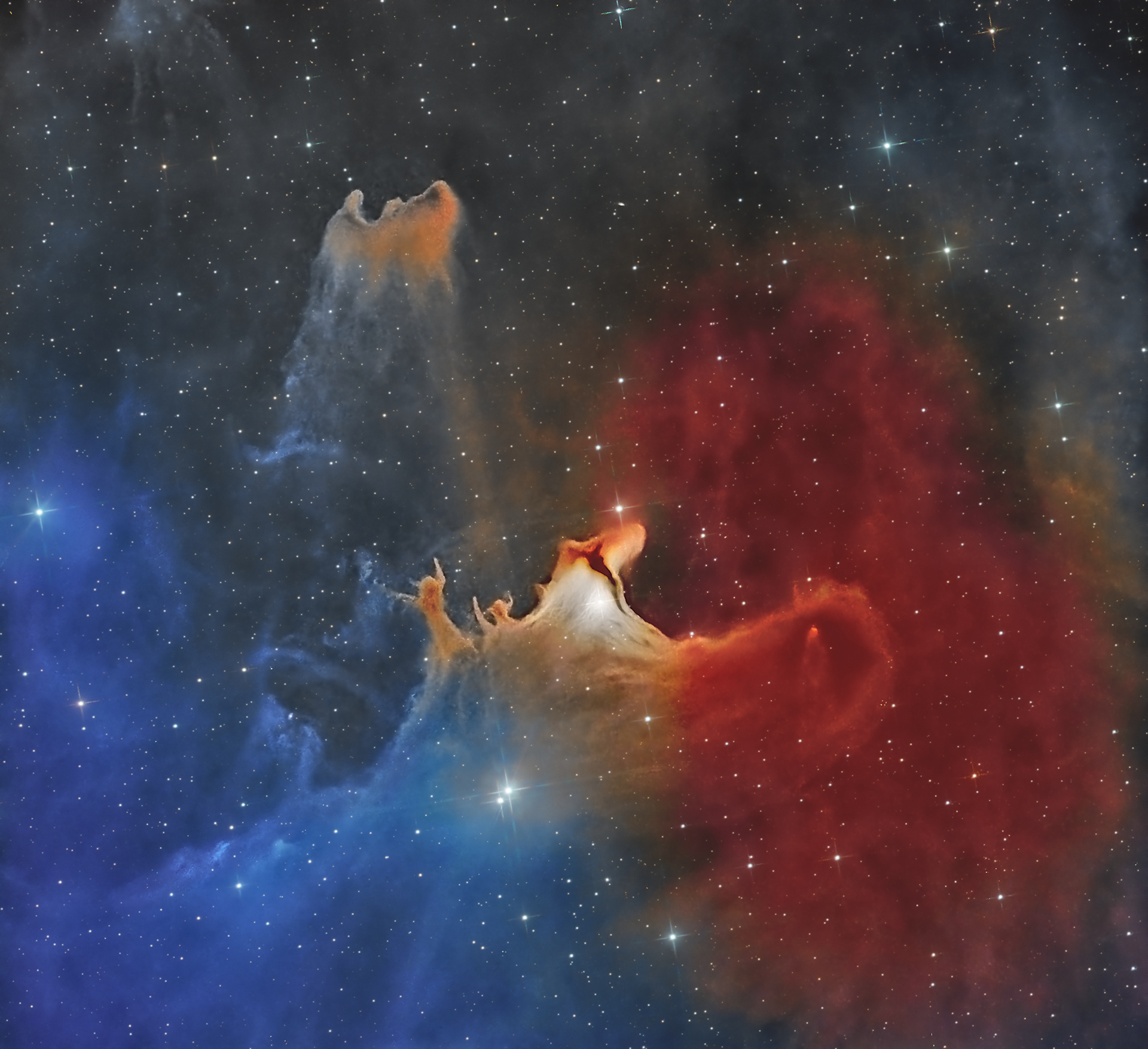 The Ghost Nebula (SH2-136) is a reflection nebula located approximately 1,470 light-years away in the constellation Cepheus. The nebula’s dust and gas form eerie-looking figures that resemble ghosts. The Ghost Nebula spans more than 2 light-years. It is illuminated by several nearby stars. These clouds contain several young stars whose light makes the nebula glow in brownish tones. SHO